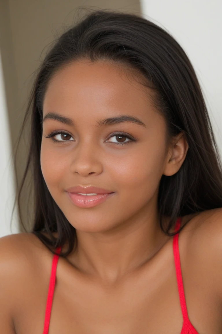 20 year old Dominican woman, slim; big chest, narrow waist, big hip; with a tight red dress, good neckline, short dress; Long and curly hair; large eyes, small nose, beautiful smile; night photo; In the background you can see the door of a nightclub; full body photography.