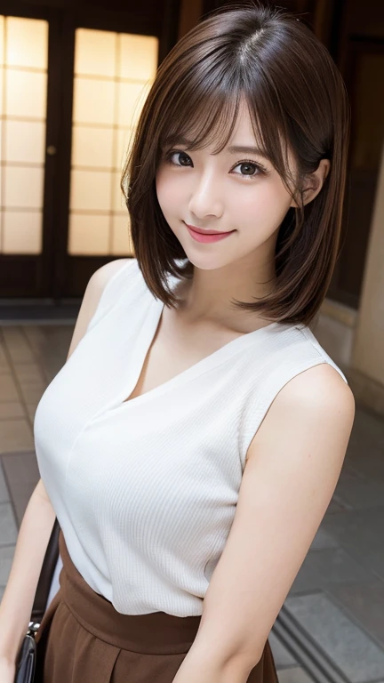 masutepiece, Best Quality, Illustration, Ultra-detailed, finely detail, hight resolution, 8K Wallpaper, Perfect dynamic composition, Beautiful detailed eyes,Short bob hair,Small breasts natural color lip, Bold sexy poses,Smile,Shibuya、20 years girl、Cute、Subject looking at sexy pose on camera