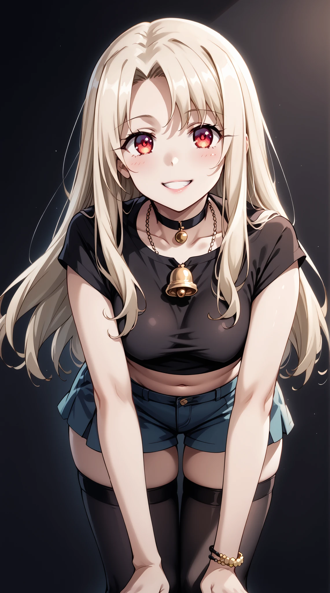 score_9, score_8_up, score_7_up, source_anime, 4K,perfect fingers,(perfect hands, perfect anatomy),prefect lighting, very aesthetic, intricate details,highly detailed background, masterpiece, high quality, best quality,
1girl,illyasviel von Einzbern, long hair, blonde hair, red eyes, parted bangs, Large Breast,
wearing ((black crop top, black choker necklace with a gold bell-shaped pendant, black thigh-high stockings, )),
A sagging breast, smile, seated , ((leaning forward:1.3)), Dark gray background,