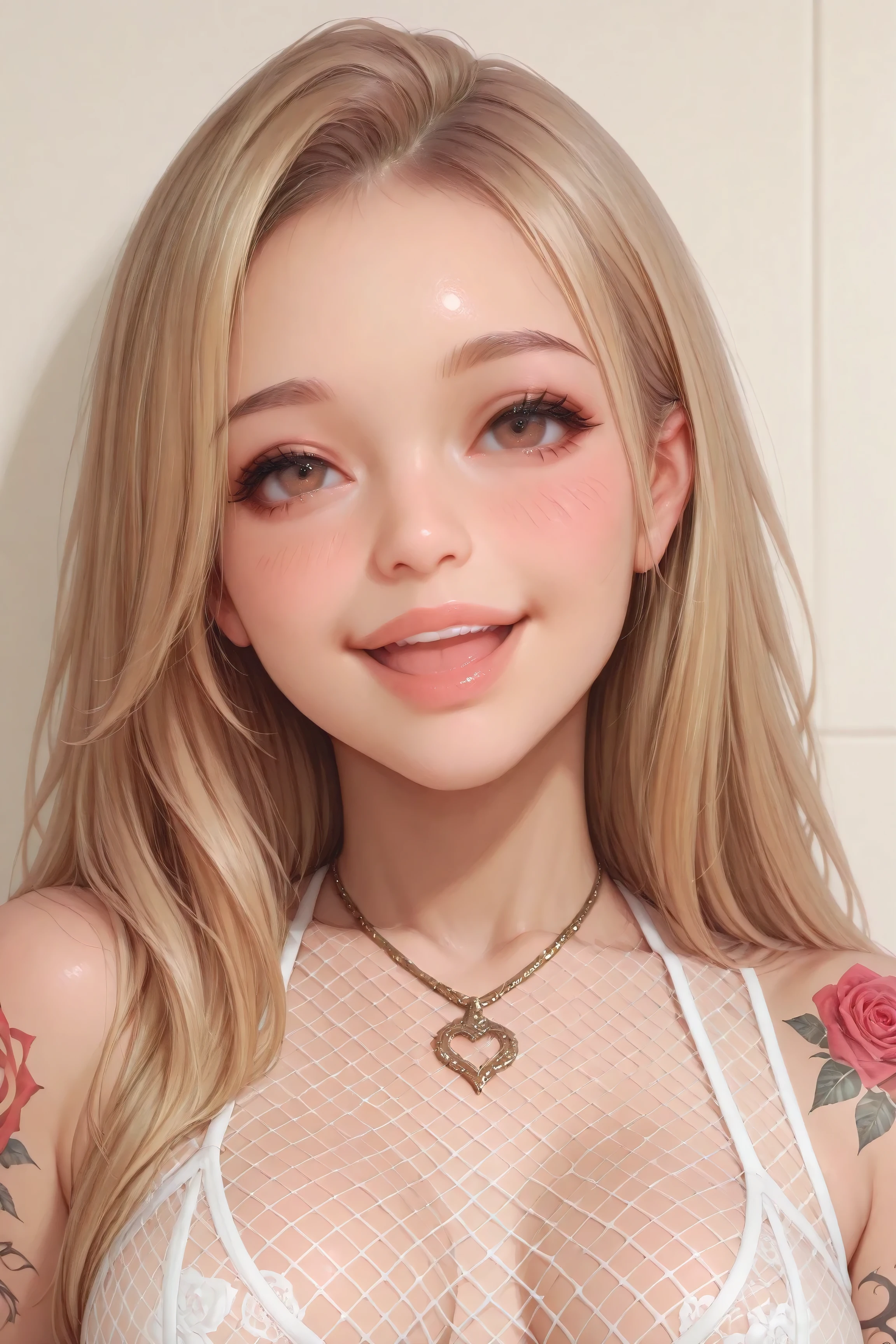 girl, blonde hair, long hair, brown eyes, front view, portrait, upper body, smiles friendly, blush, rose tattoo, right arm tattoo, white fishnet top, lips apart, upper teeth only, medium breasts, necklace, realistic