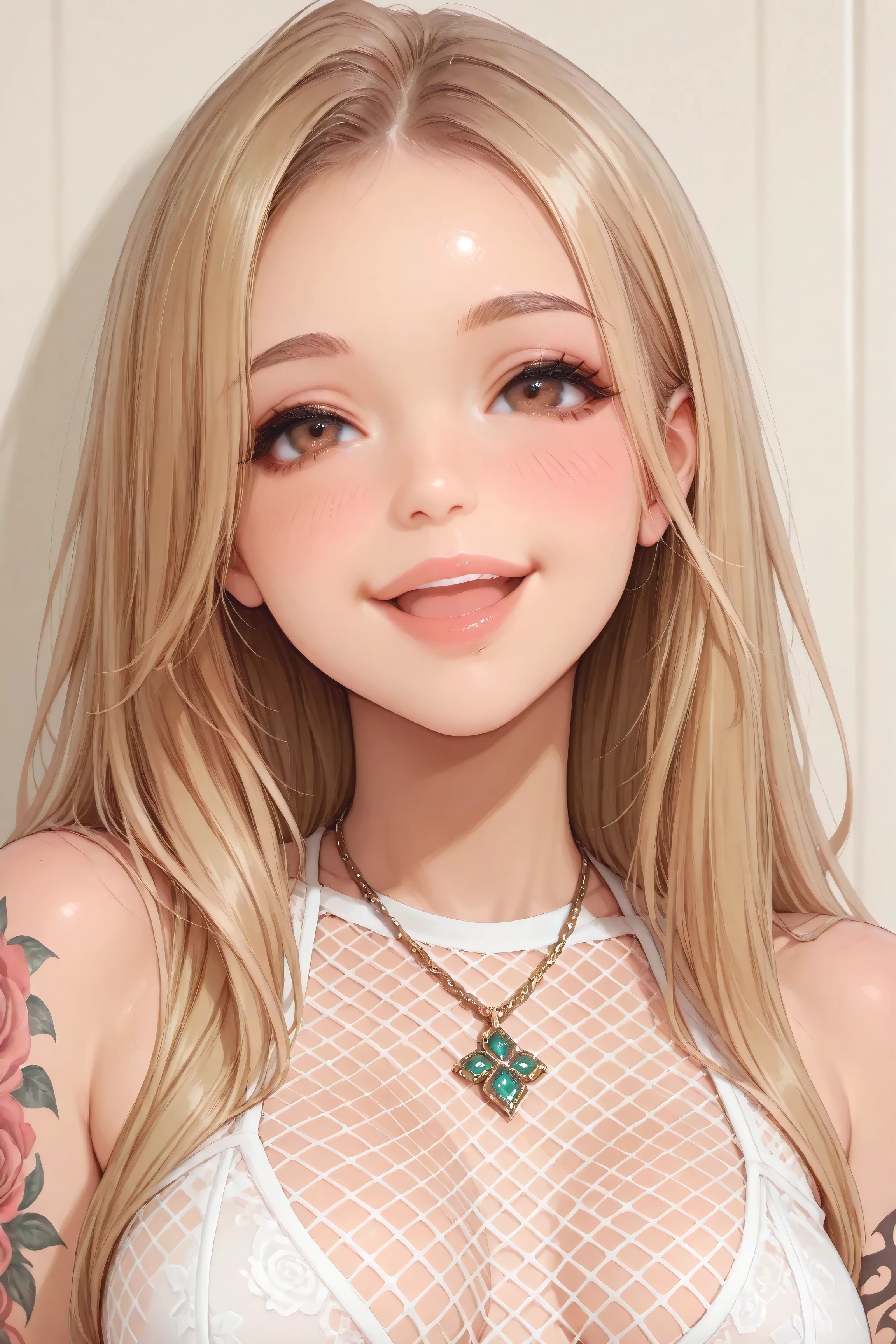girl, blonde hair, long hair, brown eyes, front view, portrait, upper body, smiles friendly, blush, arm tattoo, white fishnet top, lips apart, upper teeth only, medium breasts, necklace