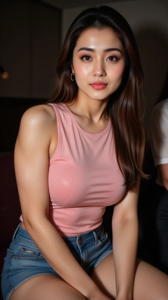 Sexy adult、Plump proportions、Wavy hair、Smile、Left hand on hip、Beautiful standing posture、Cleavage、High definition、high resolution、Photorealistic、4K resolution、Leather shorts、T-Shirts