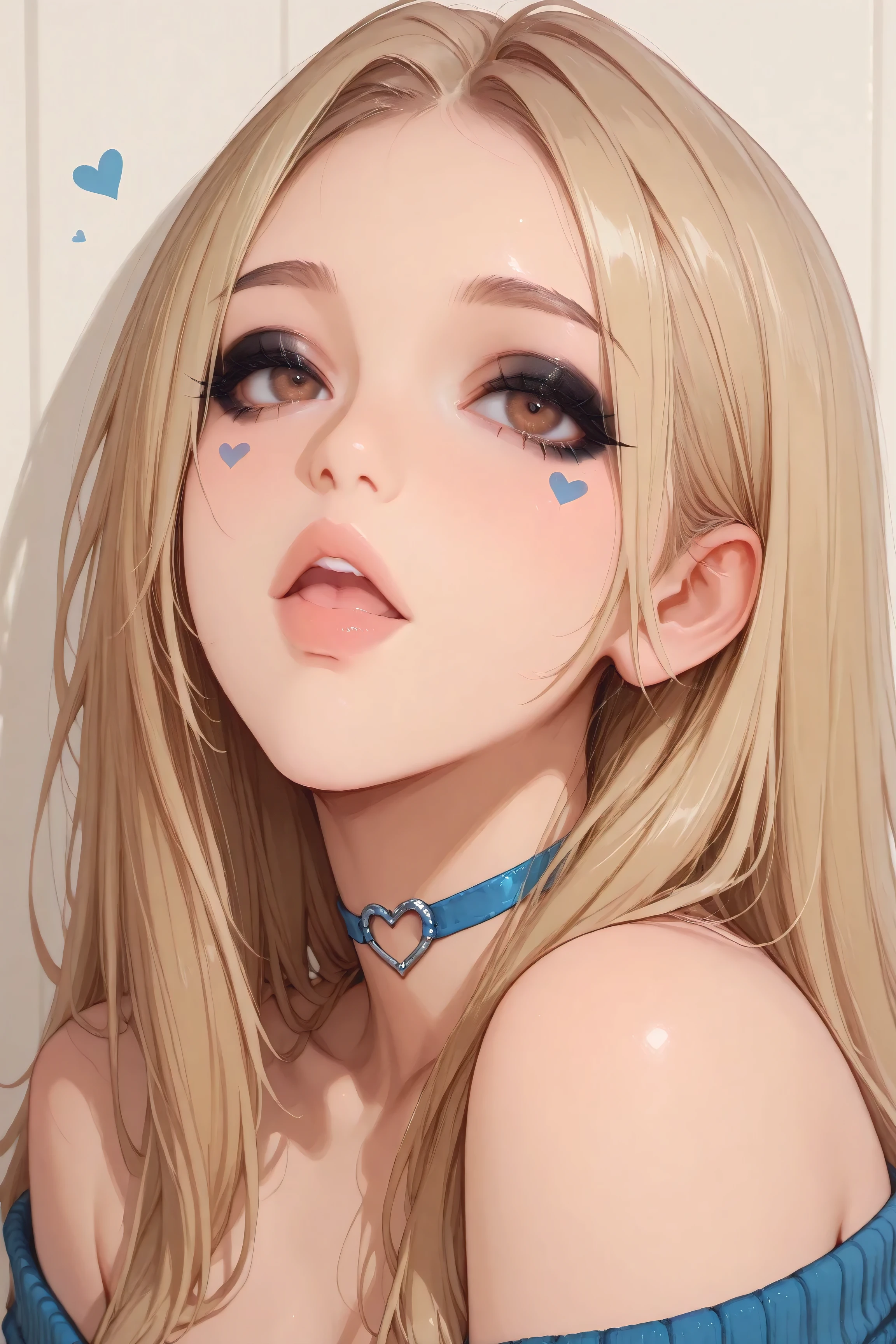 girl, long hair, blonde hair, brown eyes, blue eye shadow, black eyeliner, portrait, front view, parted lips, upper teeth only, bare shoulders, blue sweater, blue coker, heart-ring
