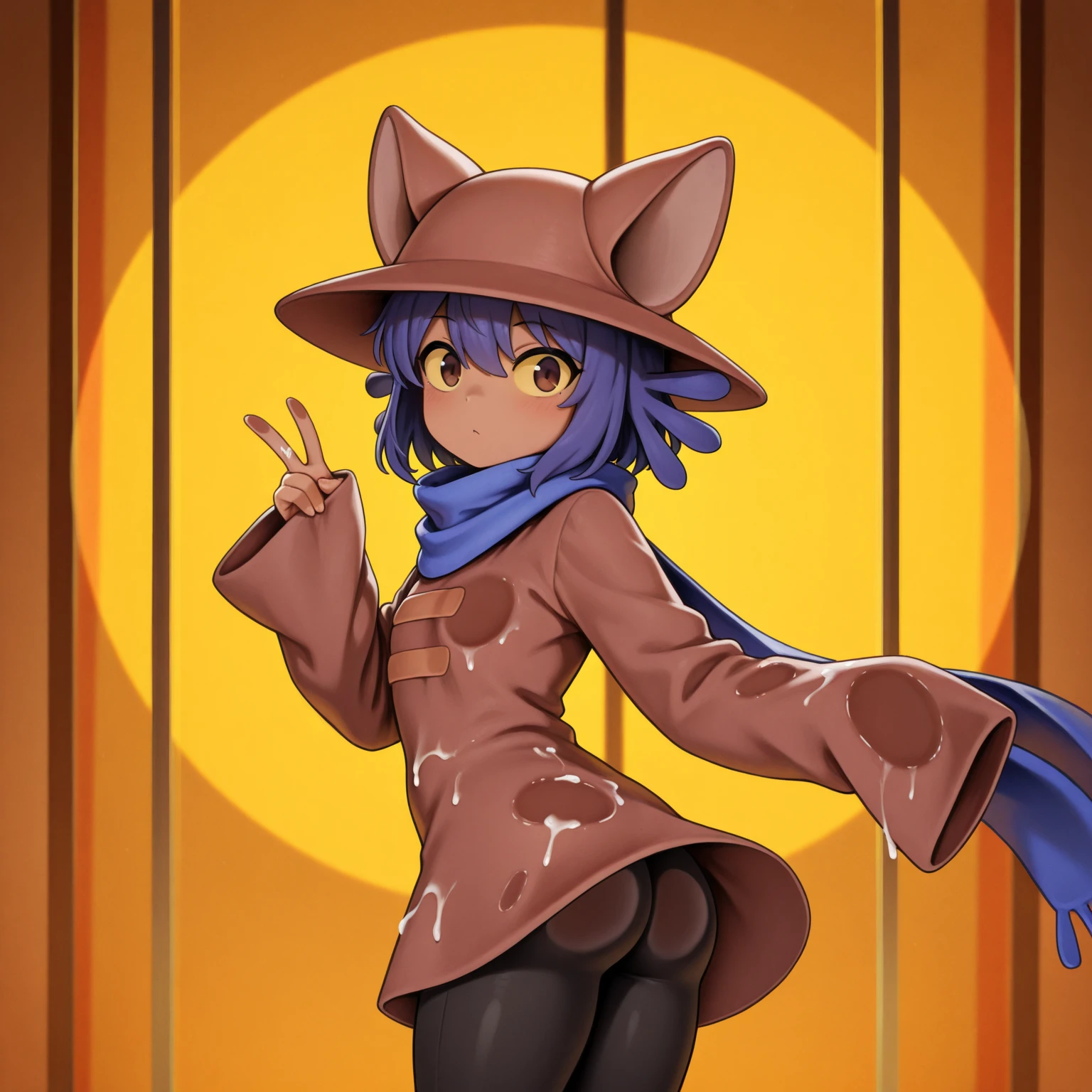 (1girl), (solo), cowboy shot, minimalist background, simple background, minamalistic background, simplistic background, best quality, (Niko), yellow eyes, blue hair, brown hat, hat (hat with brown cat ears), (underwear only), brown skin, (brown tank top), ((blue underwear)), from behind, wide hips, butt, large butt, large ass, suggestive