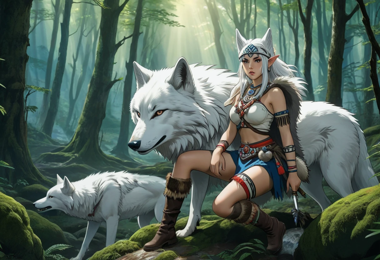 1girl, multiple colored hairs, smile, leaning forward, outside, posing, background, amazon warrior outfit, ponytail, (view from behind), 9 years old, (tomboy), blonde hair, slender, pert ass, high details, sharp detailed face, detailed eyes, young, long and wild amazon hair, amazon, long hair, tattoo, tanned, in a tribal village with leaf huts and tents, very small breasts, fur, revealing amazon outfit, ikuchan, thong, pert ass, asscheeks, thong wedged between asscheeks, big asscheeks, tribal tattoos, (1 animal), ( feral wolf), girl and animal, petting wolf, duo