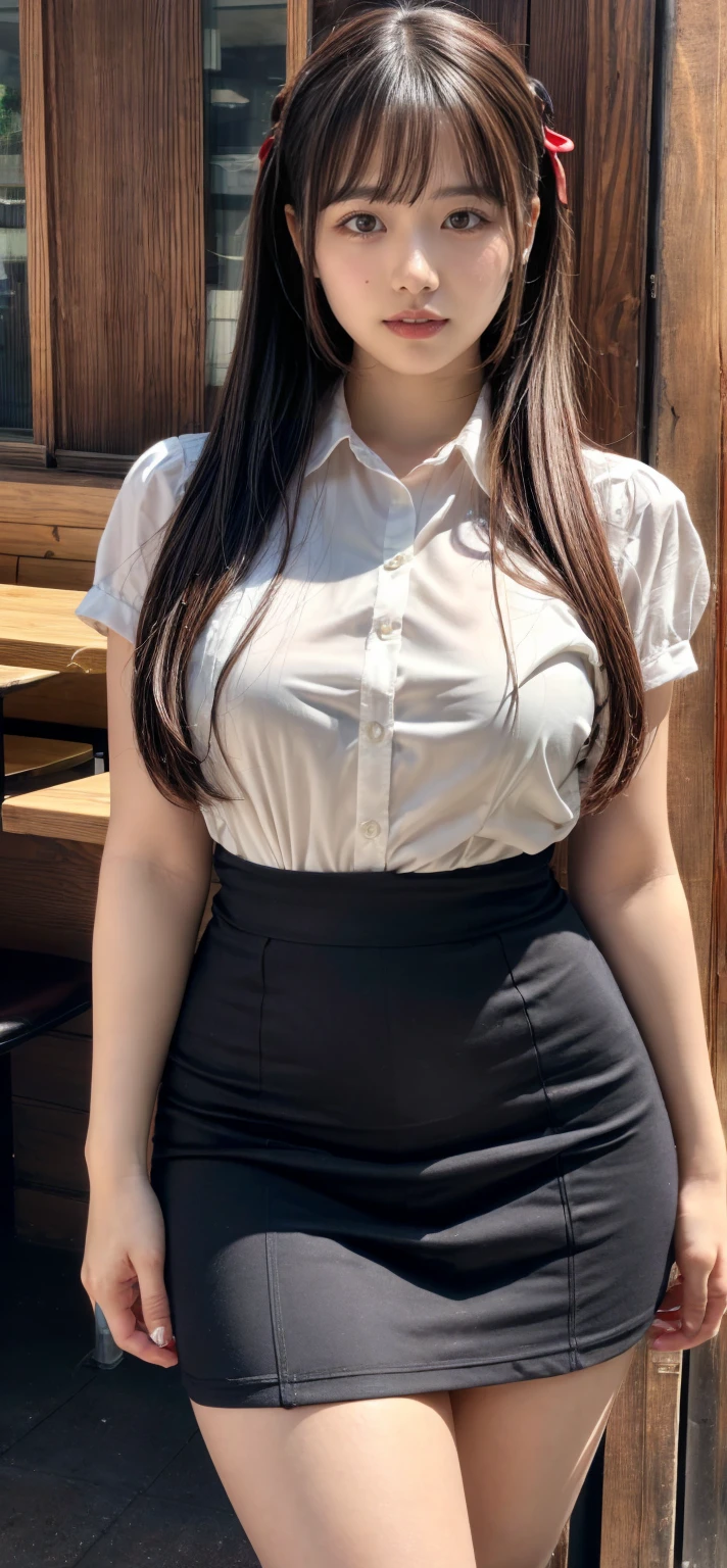 ((top quality、8k、masterpiece:1.3))、sharp focus, High level of image quality, high resolution，Draw lips correctly, red lipstick, from chest up, best quality, Super detailed, lifelike, Super fine skin, perfect anatomy, (Chinese women), (alone)Color shirt，Buttons clearly visible，The buttons are all buttoned，Pants。40 year old female，adult，charming smile，Chubby face，Round cheeks， Fat face，Chubby round face，big eyes，wavy long hair，Big breasts，black shoes，Leg length，Calves visible，stand，stand up，indoor background