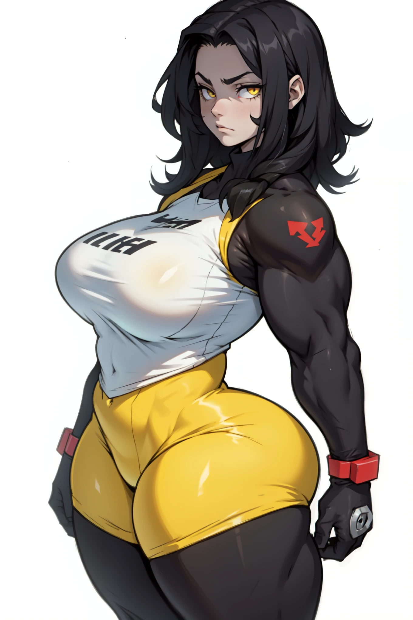 (girl muscular toned body perfect anatomy large breasts thick thighs wide hips thin waist curvy athletic) black hair yellow eyes pale skin (girl muscular toned body perfect anatomy large breasts thick thighs wide hips thin waist curvy athletic)