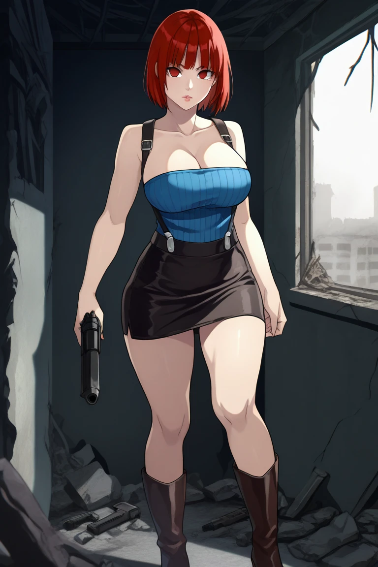 Realistic, shaded, photorealism, high quality, 1 Beautiful girl, redhead,, messy hair, glasses, thick thighs and thick short skirt with a small tanktop, garter belt, psychopath expression and psychotic big smile, clothes with blood stains and dirt, blood stains on her face, dark environment, warehouse, running,