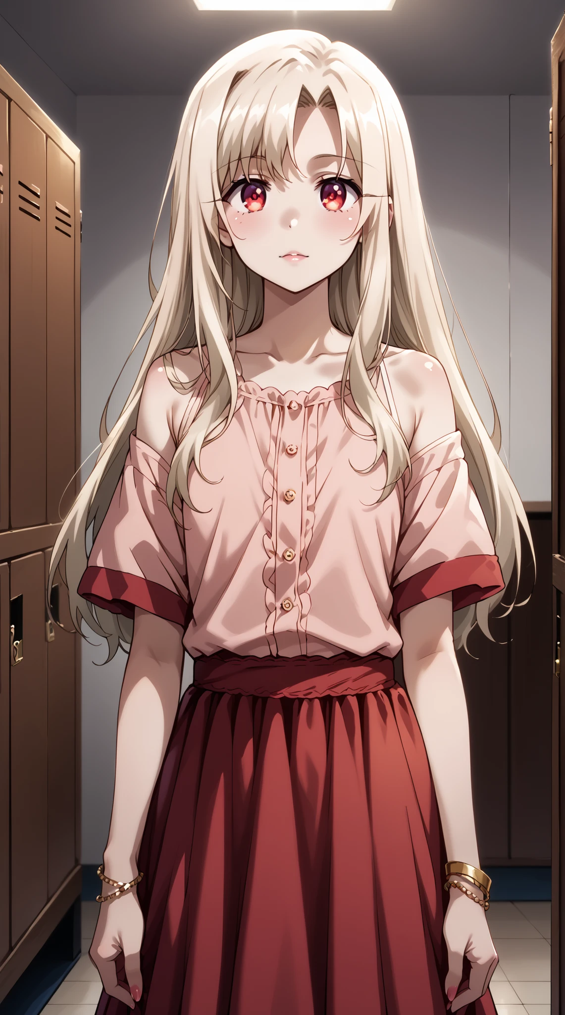 score_9, score_8_up, score_7_up, source_anime, 4K,perfect fingers,(perfect hands, perfect anatomy),prefect lighting, very aesthetic, intricate details,highly detailed background, masterpiece, high quality, best quality,
1girl,illyasviel von Einzbern, long hair, blonde hair, red eyes, parted bangs, Large Breast,
wearing ((bangle, bare shoulders, bracelet, dress, jewelry, short sleeves, shiny clothes, )),
A sagging breast, changing room, lockers,
