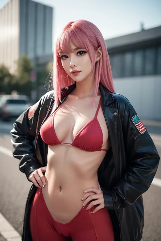 1 female，20yo, long leges，medium breasts Thin waist，the super hot and sexy, cleavage breasts，sling bra Pornographic exposure， 独奏，（Background with：burning building，city building，at night） She has long pink hair，Very long hair，Long flowing hair，firefigther hat，standing on your feet，wet，seen from the front， curlies， mostly cloudy sky，（（（tmasterpiece），（Very detailed CG unity 8K wallpaper），best qualtiy，cinmatic lighting，detailed back ground，beatiful detailed eyes，Bright pupils，blue color eyes（Very fine and beautiful），（Beautiful and detailed eye description），ultra - detailed，tmasterpiece，）），facing at camera，A high resolution，ultra - detailed， Bulge，Camel toes，Raised sexy，Flushed complexion，Open-mouthed，frontage，（Wearing：Red fire fighter jacket，Erotic denim underwears，athletic sneakers，Lewd nudity）big thighs, fully body photo，Show shoes
