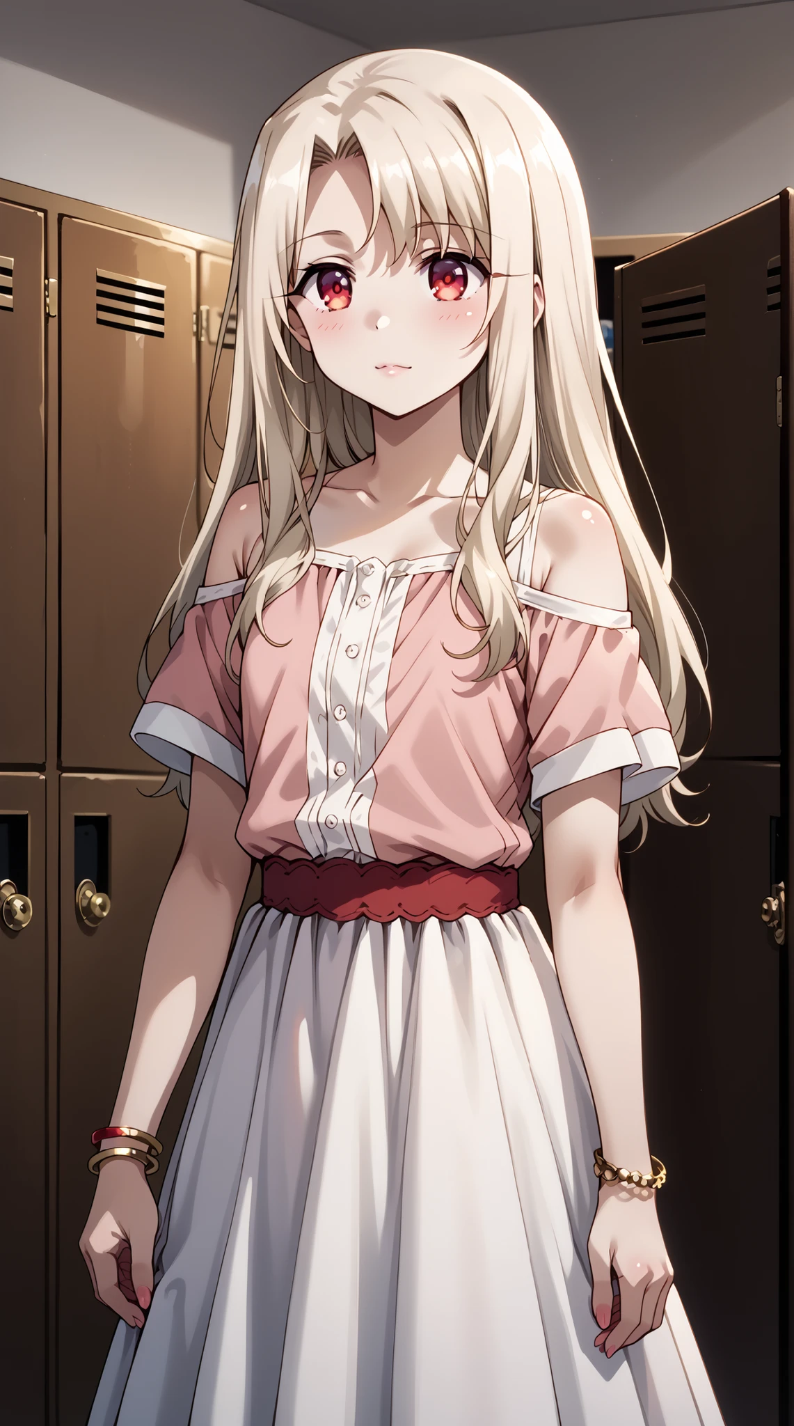 score_9, score_8_up, score_7_up, source_anime, 4K,perfect fingers,(perfect hands, perfect anatomy),prefect lighting, very aesthetic, intricate details,highly detailed background, masterpiece, high quality, best quality,
1girl,illyasviel von Einzbern, long hair, blonde hair, red eyes, parted bangs, Large Breast,
wearing ((bangle, bare shoulders, bracelet, dress, jewelry, short sleeves, shiny clothes, )),
A sagging breast, changing room, lockers,