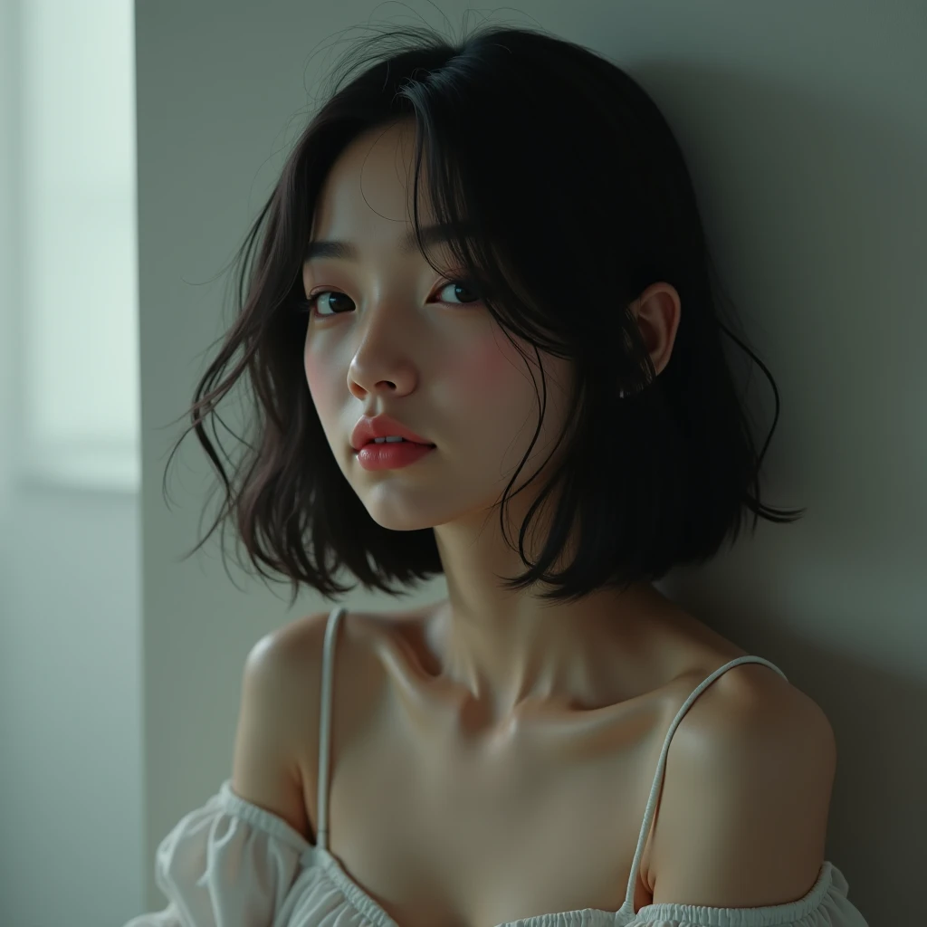 Japanese women、bedroom、Selfie、fair skin、Big Breasts、single eyelid、Year: 35、Moderate、shirt、wedding ring、sulk face