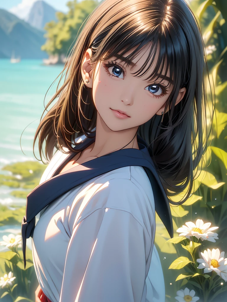 Highest quality、High resolution、Detailed Background、(Beautiful face in every detail:1.4)、Anatomically correct、Normal number of fingers、(Detailed facial expressions)、(Detailed eyes:1.2)、Teenage beauty、(Highly detailed face:1.4)、(Huge breasts:1.2)、Perfect body line、cute hair color、Wavy Hairstyle、cute hairstyle、well-groomed eyebrows、Sunny outdoors、smile、A fun atmosphere、Cute gestures、(Two girls from A fun atmosphere:1.5)、Sleeveless sheer sailor blouse、ribbon、cute