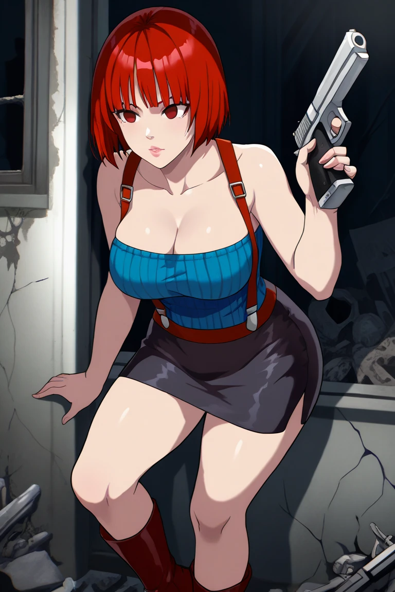 full character, anime sexy elf with guns, spread legs, large breast, evil look, scary forest on the background, retro anime style, 80s anime, 1980s, Katsuhiro Otomo, japan, japanese, still shot from tv, luminous highlights, oddcore, gothcore, neon genesis evangelion, high quality, 80s aesthetic, VHS, television screen scan lines, grainy
