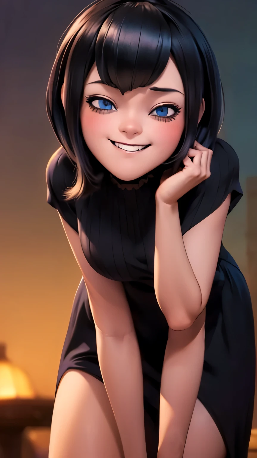 high quality, masterpiece, best quality, tmavis, 1girl, mature woman, forced smile, standing, blush, half-closed eyes, smile, empty eyes/no highlights (Leaning forward:1.5), Arms Down, ((Perfect Anatomy, beautifull detailed face, Beautiful detailed eyes, beautiful detailed hair, Beautiful detailed body)), thick outline, Beautiful outlines, black outlines