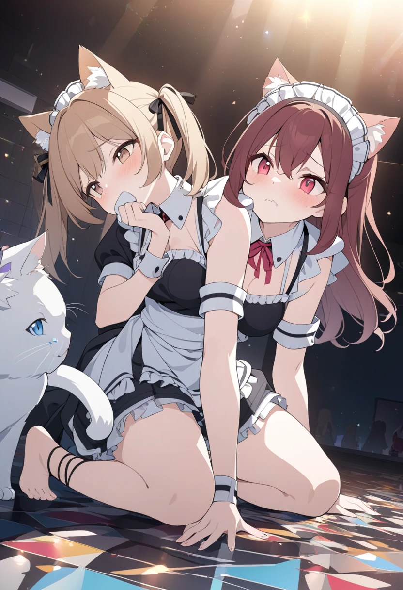 NSFW、(((flat chest)))、(((Upper body naked)))、maid clothes、Lori、Cat's ears、a blond、twinsies、(Full body like)、hightquality、Top image quality、Little devil smile、twogirls、Twin-tailed、side poneyTail