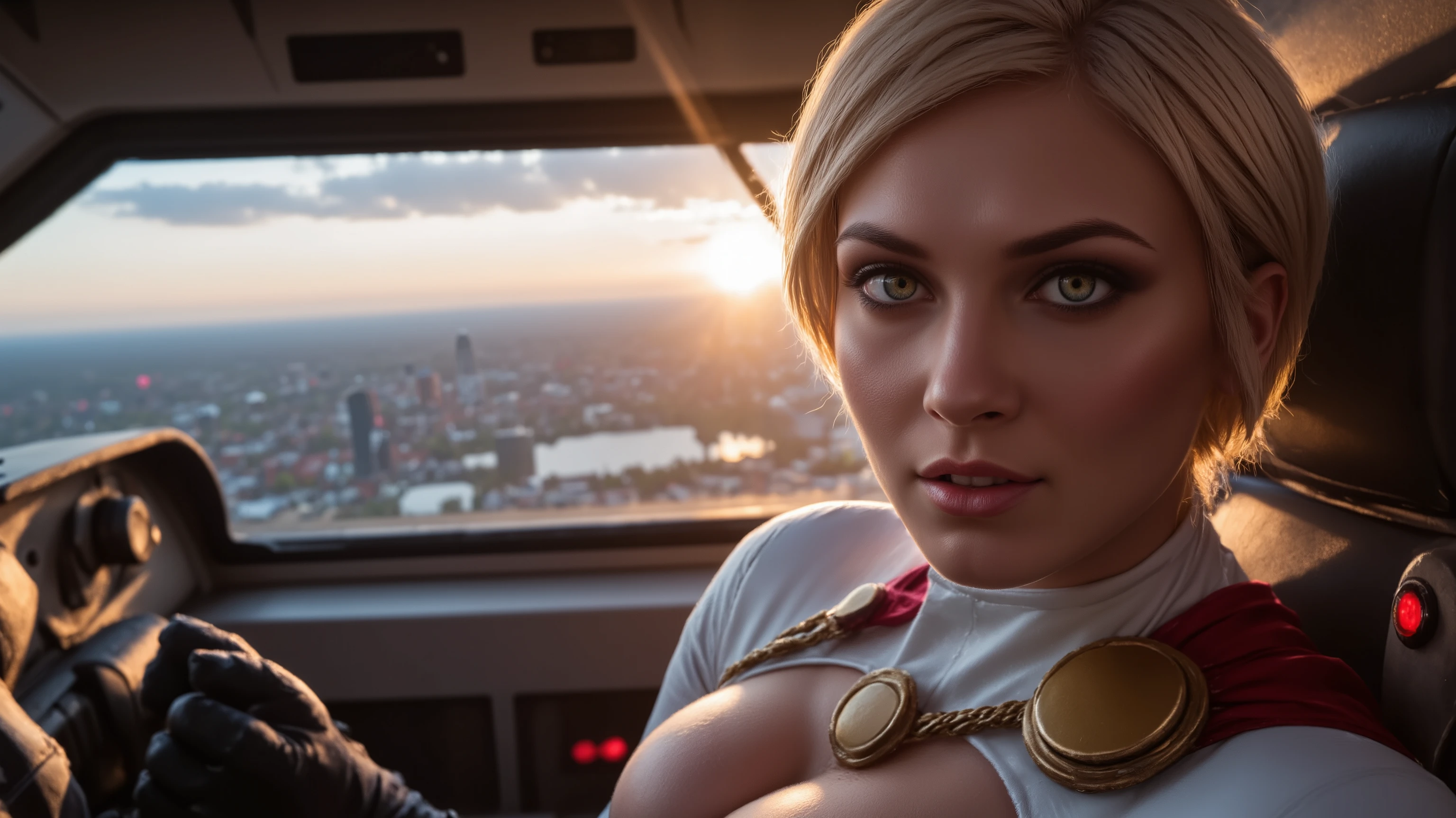 Close-up shot of a super-powered girl's intense gaze, eyes aglow with energy, as she expertly pilots her sleek light ship amidst the golden hour sky. The warm sunlight casts a radiant glow on her determined face, illuminated by the cockpit window showcasing the cityscape and distant horizon. Her hands grip the controls with precision, framed by the vibrant neon lights and sharp shadows. Ultra-detailed skin texture, complete with pores, meets the vast panorama of the city below, set against the breathtaking backdrop of a ray-traced sky. This cinematic masterpiece is a testament to the art of photorealism, capturing every detail in stunning UHD, HDR, 16K resolution, worthy of an award-winning film.