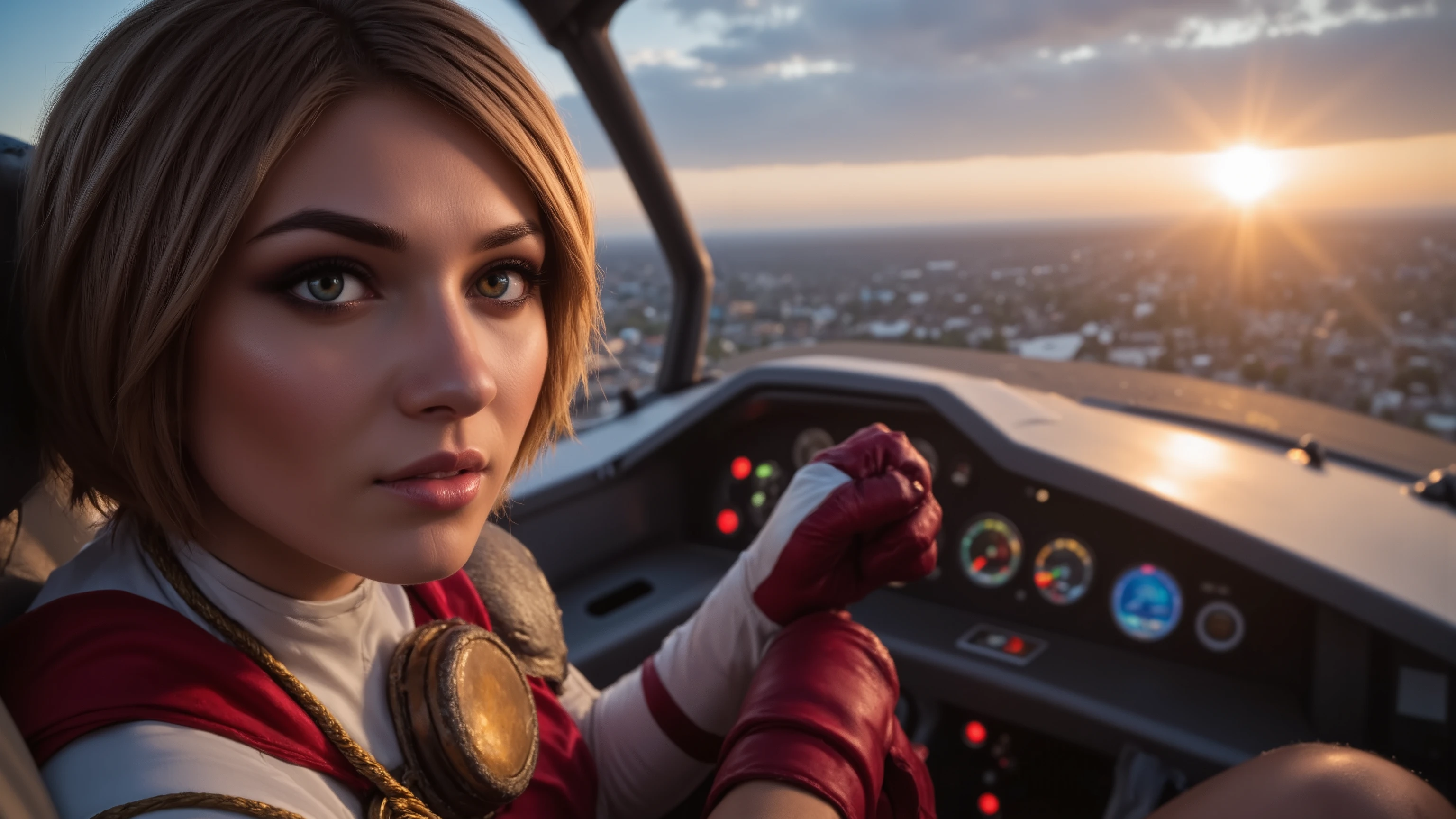 Close-up shot of a super-powered girl's intense gaze, eyes aglow with energy, as she expertly pilots her sleek light ship amidst the golden hour sky. The warm sunlight casts a radiant glow on her determined face, illuminated by the cockpit window showcasing the cityscape and distant horizon. Her hands grip the controls with precision, framed by the vibrant neon lights and sharp shadows. Ultra-detailed skin texture, complete with pores, meets the vast panorama of the city below, set against the breathtaking backdrop of a ray-traced sky. This cinematic masterpiece is a testament to the art of photorealism, capturing every detail in stunning UHD, HDR, 16K resolution, worthy of an award-winning film.