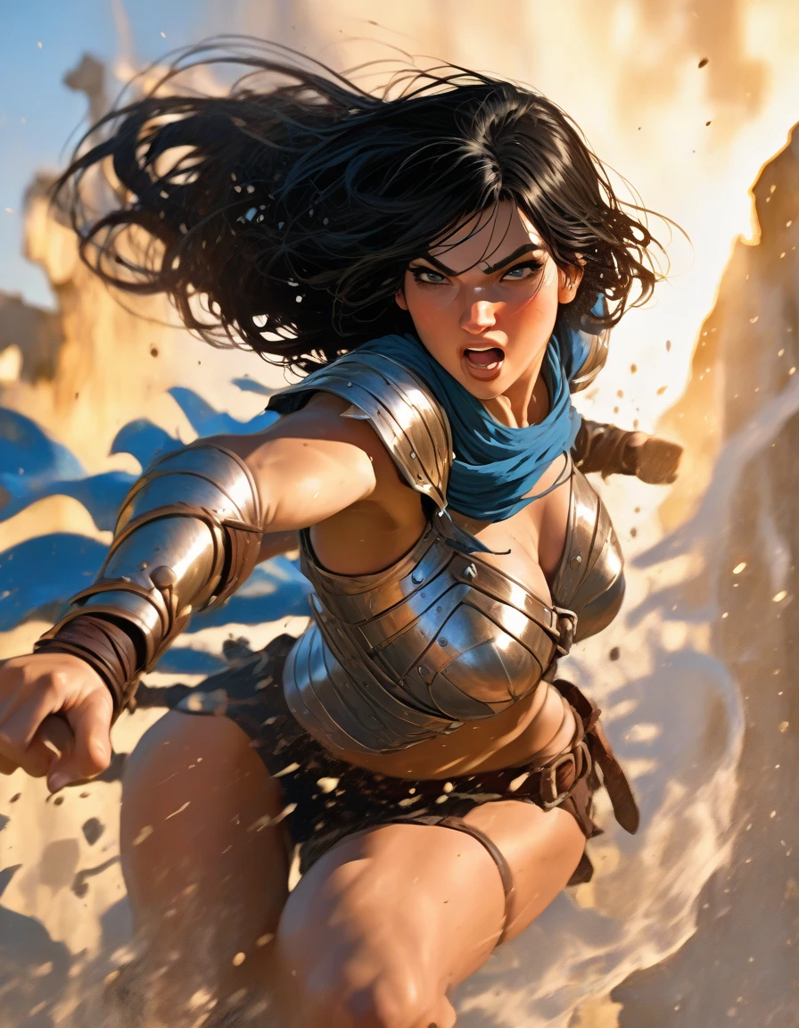 As I approached the camp of the barbarian warriors, my eyes were immediately drawn to a figure standing in the center. She stood tall and strong, her long, dark hair cascading down her back in wild waves. Her skin was bronzed from the sun and her arms were adorned with intricate tattoos, showcasing her bravery and victories in battle.
I watched as she skillfully strapped on her armor, each piece fitting perfectly on her toned body. She wore a thick fur cloak over her shoulders, emblazoned with the symbol of her clan. Her sword, the weapon of choice for the barbarian warriors, hung at her side, its blade glinting in the sunlight.
As she turned to face me, I could see the determination in her piercing blue eyes. She was a fierce warrior, ready to do whatever it takes to protect her people and defend her land.
Without a word, she mounted her horse and led her army out of the camp. As we rode towards the battlefield, she let out a fierce battle cry, her voice echoing through the mountains.
As we approached the enemy, I could see the fear in their eyes as they faced this beautiful, yet deadly, warrior. She charged into battle, her sword swinging with expert precision, taking down each opponent with ease.
The sound of clashing swords and battle cries filled the air as the two armies collided. But amidst all the chaos, the barbarian woman remained calm and focused, her eyes fixed on the enemy's leader.
With a swift movement, she dismounted her horse and charged towards him. The two engaged in a fierce battle, their swords clashing in a deadly dance.
Despite his size and strength, the barbarian woman proved to be a formidable opponent. With a final strike, she defeated him, her sword piercing through his armor.