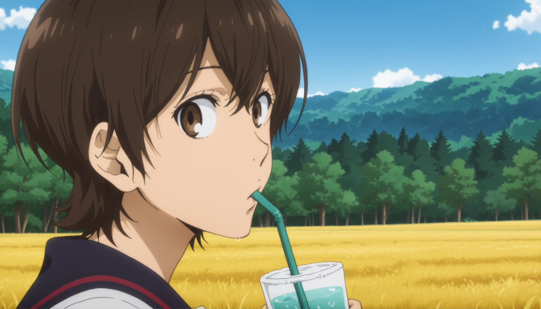(anime screencap:1.3) , MiwaB, brown hair, brown eyes, school uniform, looking at viewer, turning head, from the side, field, forest, blue sky, face focus, drinking, straw,