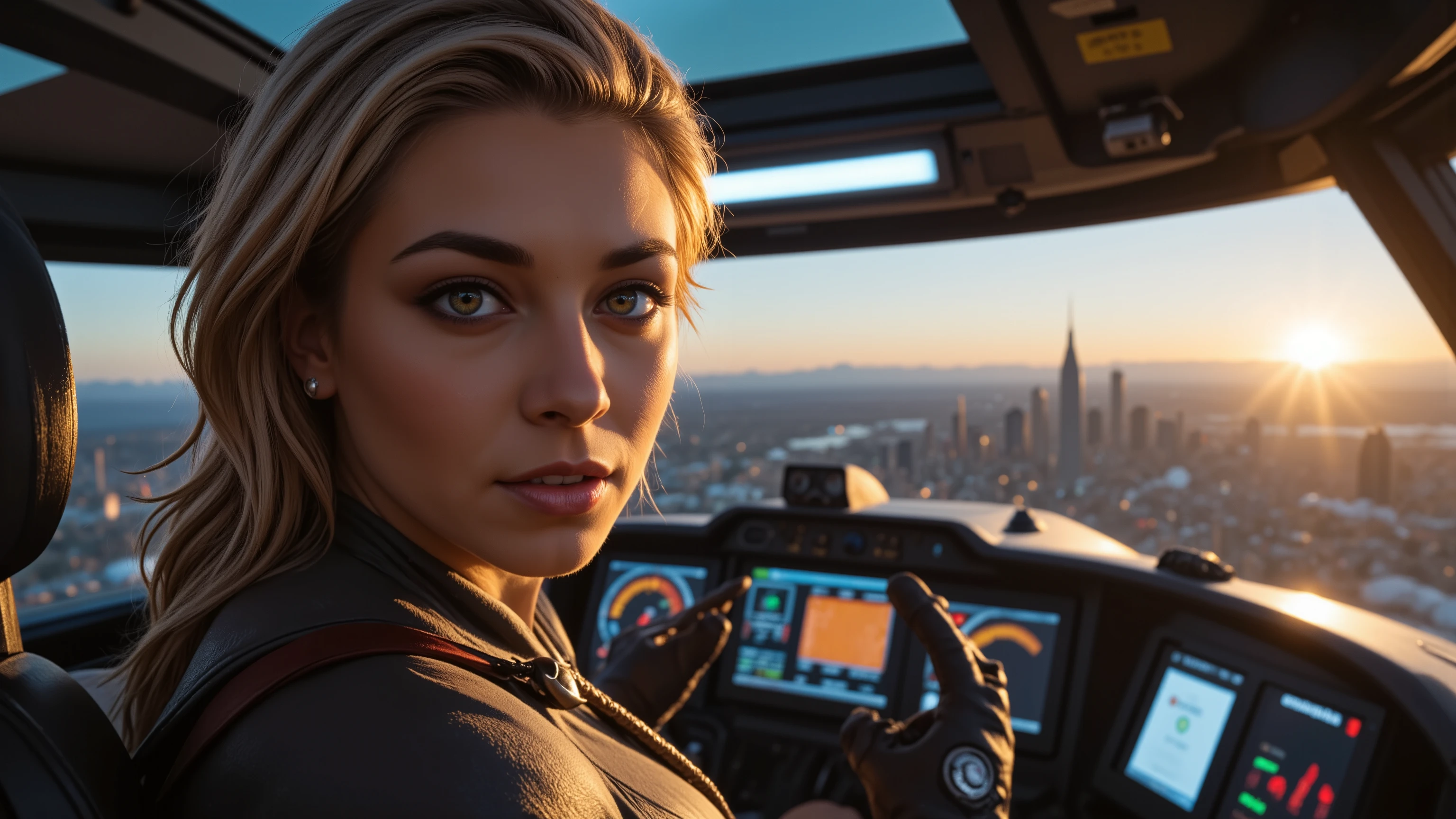 Close-up shot of a super-powered girl's intense gaze, eyes aglow with energy, as she expertly pilots her sleek light ship amidst the golden hour sky. The warm sunlight casts a radiant glow on her determined face, illuminated by the cockpit window showcasing the cityscape and distant horizon. Her hands grip the controls with precision, framed by the vibrant neon lights and sharp shadows. Ultra-detailed skin texture, complete with pores, meets the vast panorama of the city below, set against the breathtaking backdrop of a ray-traced sky. This cinematic masterpiece is a testament to the art of photorealism, capturing every detail in stunning UHD, HDR, 16K resolution, worthy of an award-winning film.