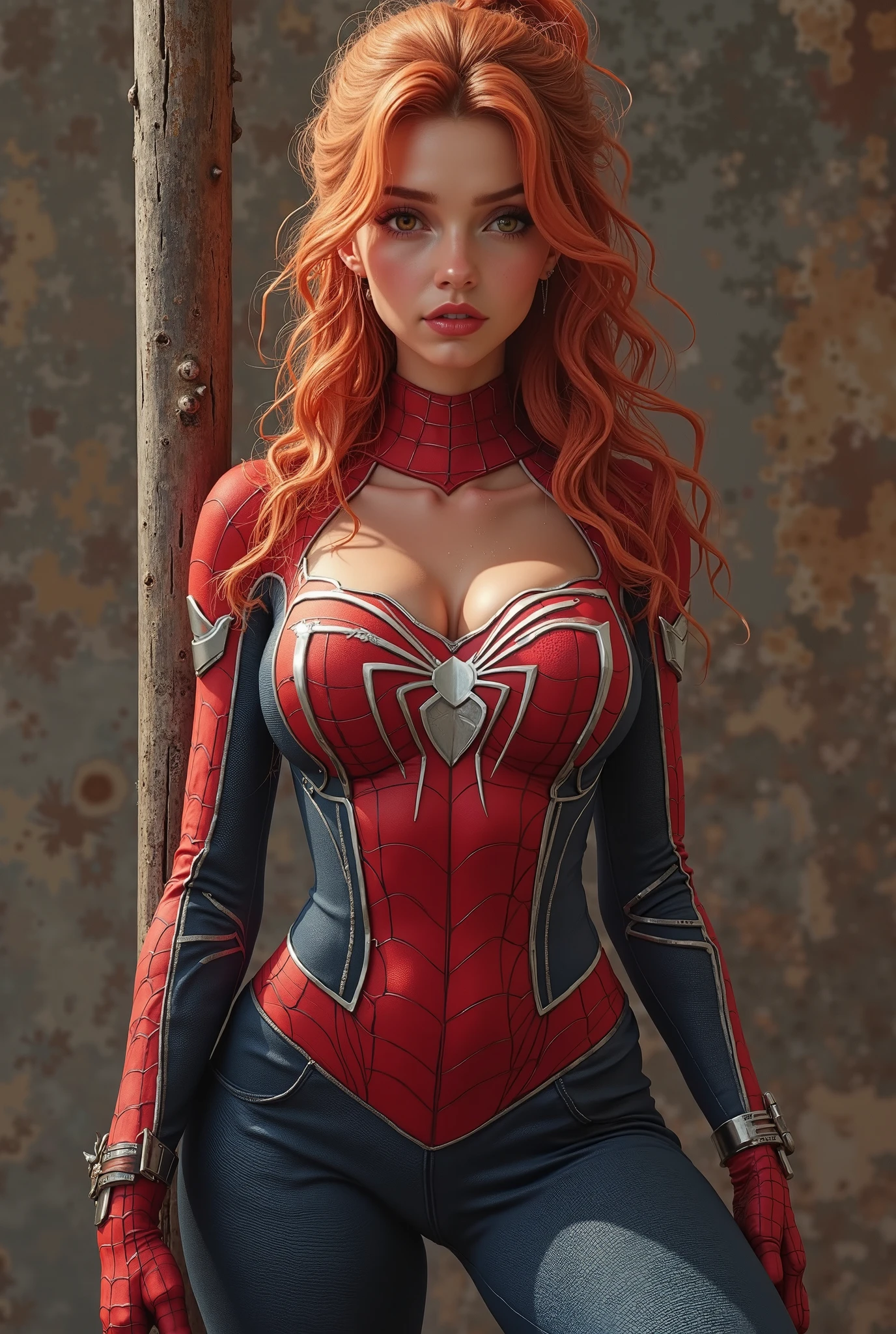 a professional studio upper-torso portrait photo of a seductive Sophie Turner wearing intricate latex ((spider-man swimsuit:1.2)), flowy long wide sleeve, (large breasts), ((breasts uncovered:1.2)),((no bra)), ((huge cleavage)),(red hair), moody portrait, striking features, beauty, intricate details, dramatic composition, tension, wispy hair, contrast, sweaty shiny skin, texture, realism, high-quality rendering, stunning art, high quality, film grain, Fujifilm XT3, detailed skin, volumetric fog, backless,