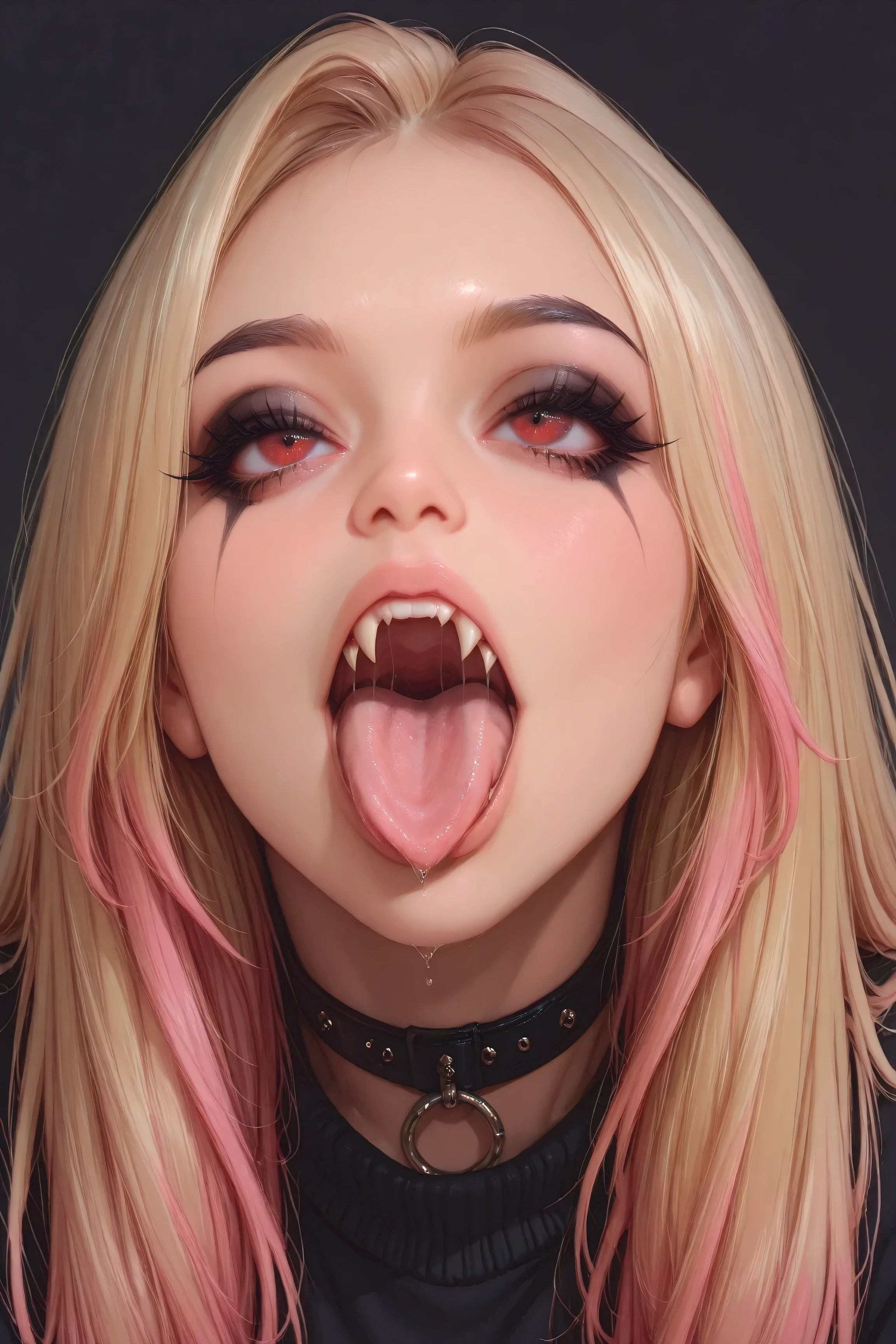 girl, fangs, pink dye hair, blonde hair, long hair, red eyes, eyelashes, upper teeth only, black eyeliner, black eye shadow, portrait, open mouth, monster tounge, black sweater, collar with ring, simple background, realistic
