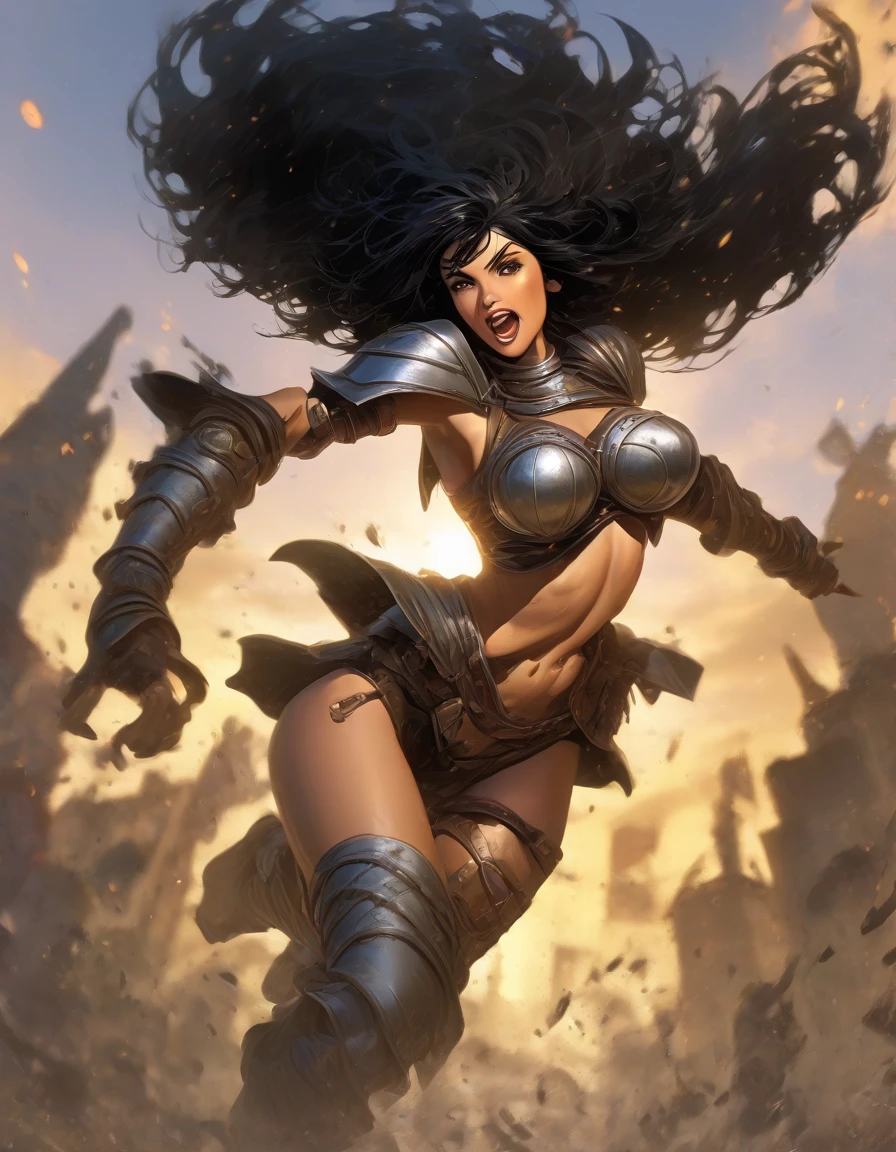 Illustrations similar to the work of Frank Frazetta, It depicts a woman in ferocious armor, Bold and intense colors, Determined expression, Dramatic Lighting, Epic Atmosphere - V 5 - Stylize 1000