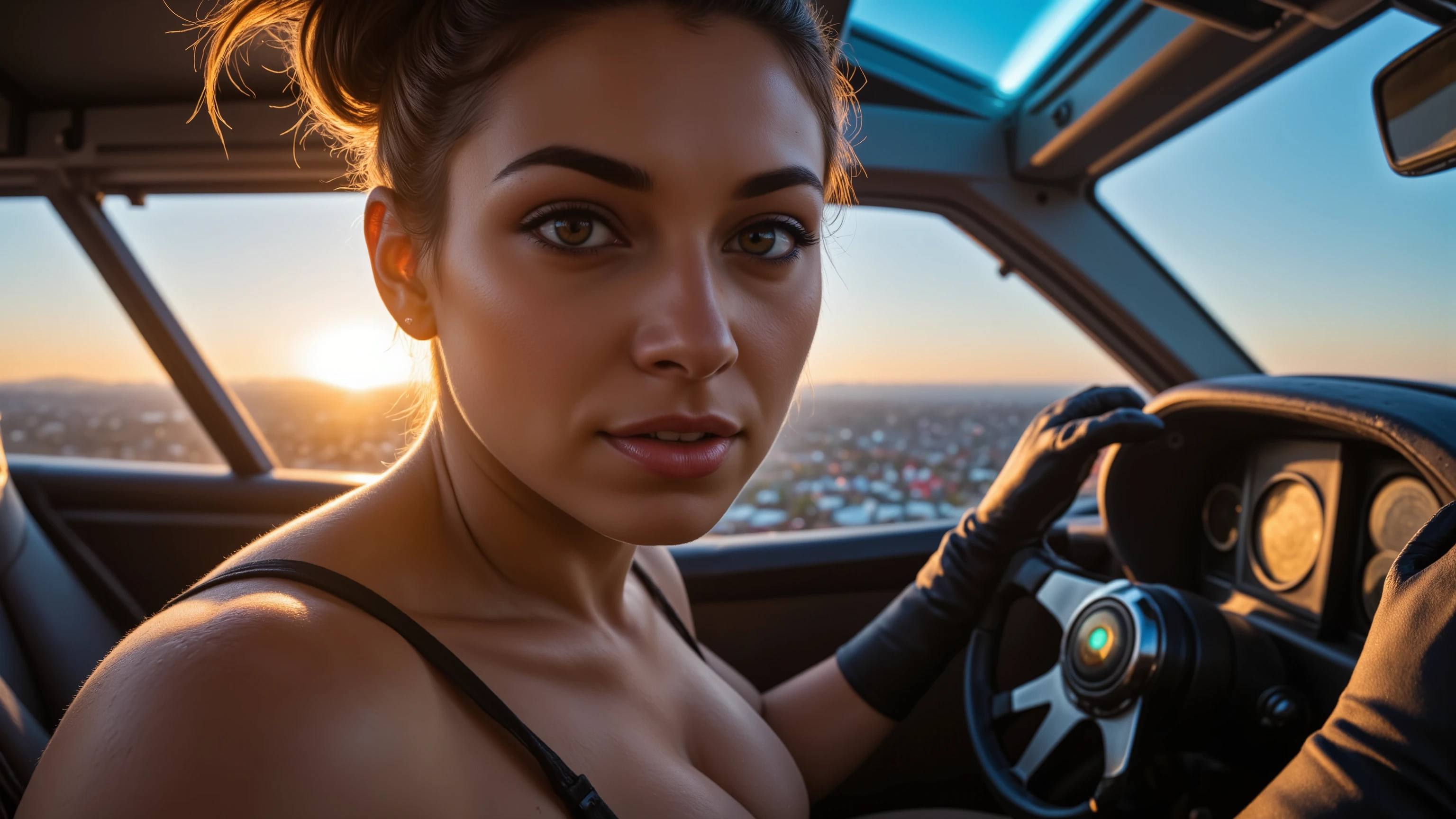 Close-up shot of a super-powered girl's intense gaze, eyes aglow with energy, as she expertly pilots her sleek light ship amidst the golden hour sky. The warm sunlight casts a radiant glow on her determined face, illuminated by the cockpit window showcasing the cityscape and distant horizon. Her hands grip the controls with precision, framed by the vibrant neon lights and sharp shadows. Ultra-detailed skin texture, complete with pores, meets the vast panorama of the city below, set against the breathtaking backdrop of a ray-traced sky. This cinematic masterpiece is a testament to the art of photorealism, capturing every detail in stunning UHD, HDR, 16K resolution, worthy of an award-winning film.