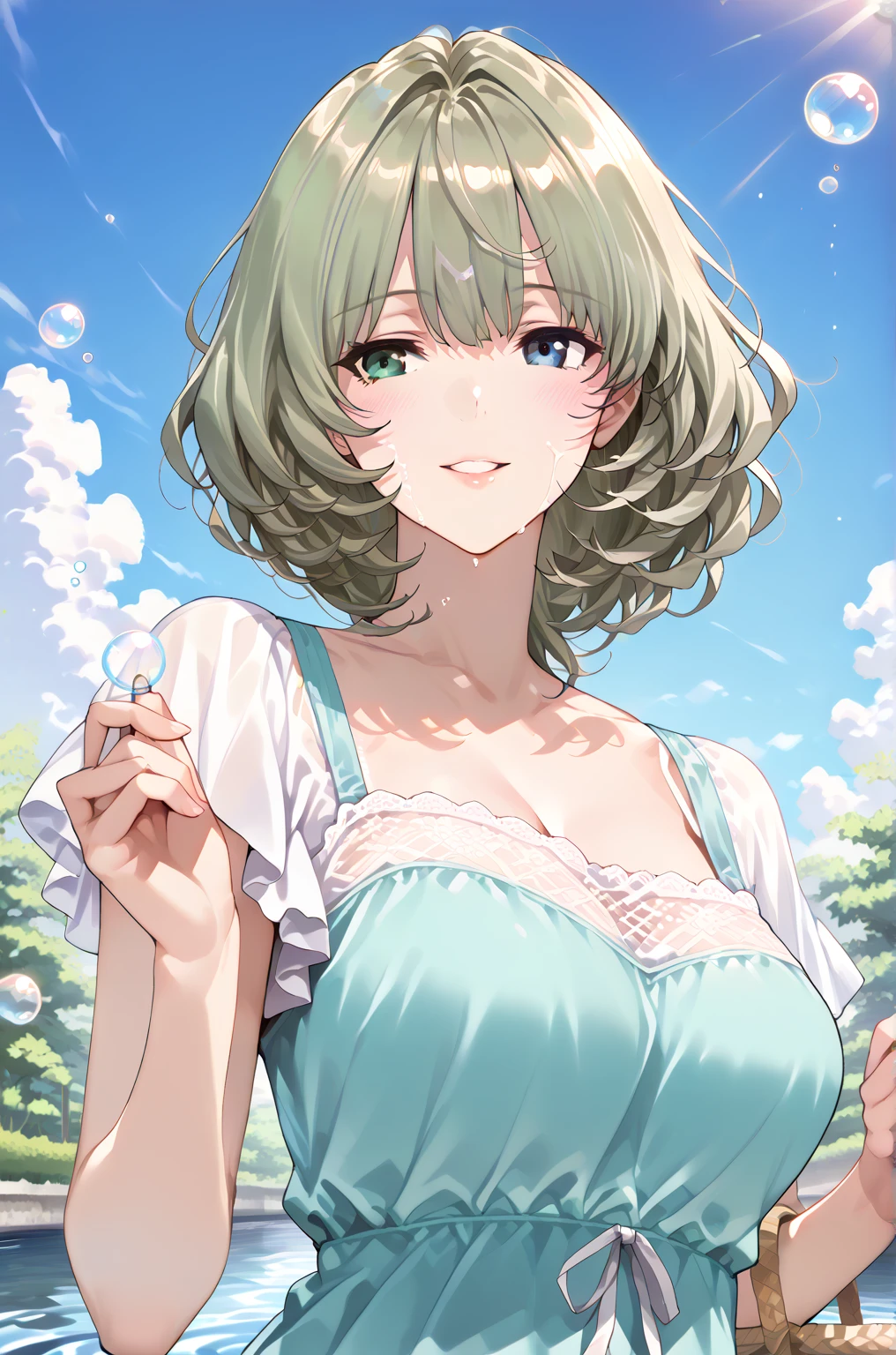 Girl with short green hair, Small size breasts, Small breasts、Green Eyes, White Casual Wear Beauty Special、(((tits))),Full body photo from head to toe、White dress、Colorful flower fields、Fluttering petals、A big smile when looking at the flowers、Uplifting