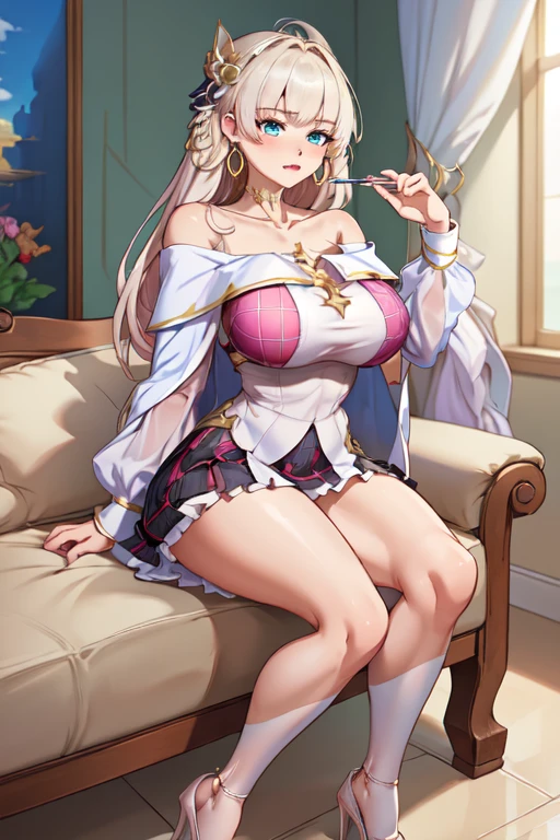 (masterpiece:1.2), best quality, high resolution, unity 8k wallpaper, (illustration:0.8), (beautiful detailed face:1.2, beautiful detailed eyes:1.2), perfect lighting, extremely detailed CG, (perfect hands, perfect anatomy),
Cute, beautiful, charming lady, shiny hair, lustrous skin, beautiful light big eyes,
milf, married woman, soft With a gentle appearance and a gentle mother-like atmosphere,
Feminine style, beautiful kubire, beautiful, naughty face,
scarlet_a, red eyes, dark pink hair, long hair, parted bangs,big breasts, tiara, black choker, earrings, bracelet, gem, magical girl, red dress, red sleeves, wide sleeves, detached sleeves, skirt, red legwear,