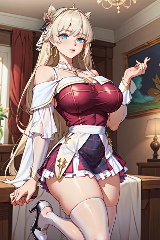 High detailed, 1 girl, light yellow long hair, busty, firm plump body, genetics uniform , Juliet sleeves, pencil red skirt, deep cleavage, Juliet sleeves