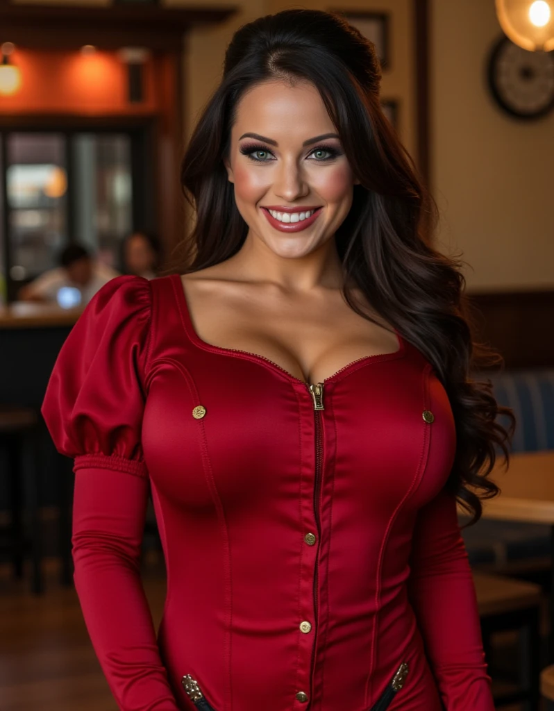 Jacqueline MacInnes Wood dressed in traditional  Germany clothing sexy with lipstick and smiling