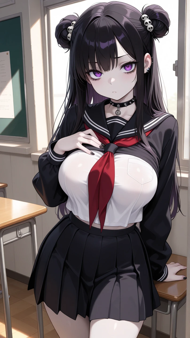 1woman, long hair, mature, parted lips, blush, makeup, provoking, sitting, school uniform, classroom, light rays, glow, thighs, collarbone, narrow waist, (masterpiece), wallpaper, wide angle, from above