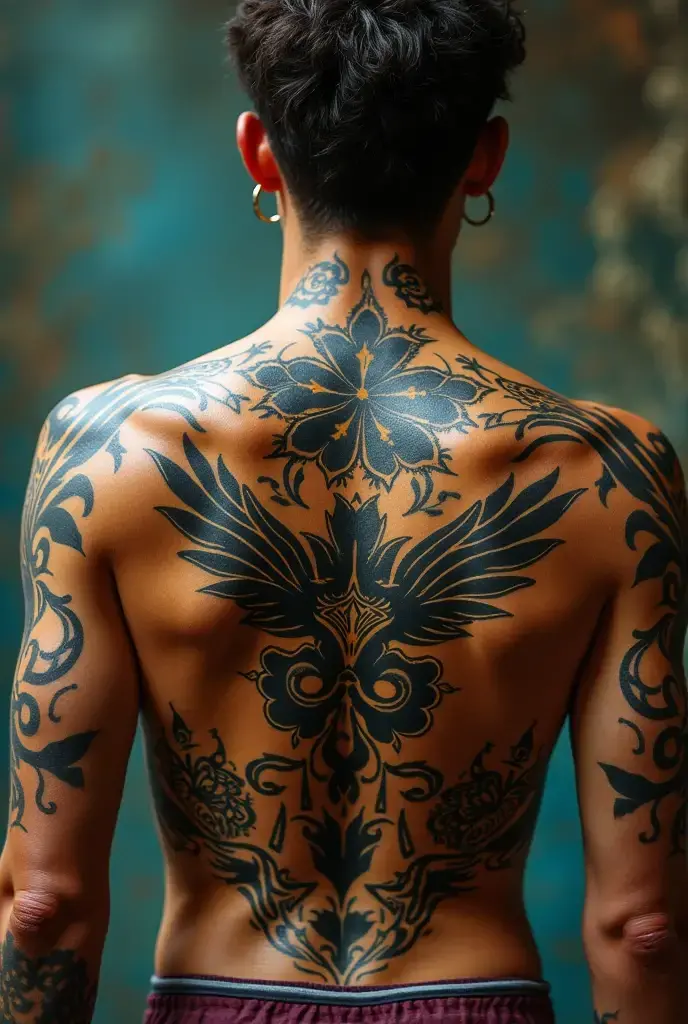 detailed tattoo on the body, intricate tribal tattoo pattern, beautiful detailed tattoo design, photorealistic tattoo illustration, full sleeve tattoo, chest tattoo, back tattoo, tattoo artist, tattoo parlor, (best quality,8k,highres,masterpiece:1.2),ultra-detailed,(realistic,photorealistic,photo-realistic:1.37),cinematic lighting,dramatic shadows,vibrant colors,moody atmosphere