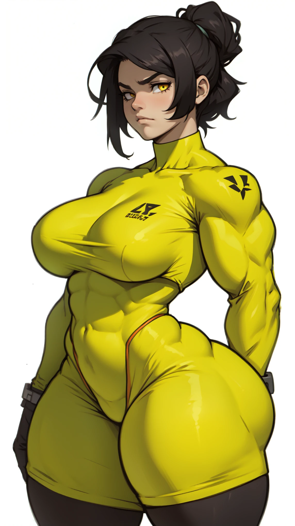 gorgeus space cadet girl, capacete, rebreather branco e laranja, olhos verdes profundos amendoados, cabelo loiro curto, seios enormes perfeitos, quadris largos, coxas musculosas, muscular arms, Barriga sexy, huge huge camel toe, space, spaceship, Ultra HD, retina, obra de arte, Anatomicamente Correto, pele texturizada, detalhes altos, premiado, Melhor qualidade, 8k, alto,( holster, gun holster, bondage gear, armwear, legwear, Choker, black gloves, elbow sleeves, yellow headband, leather jacket, pantyhose, harness, belt with pounches,), shirtless, bottomless, shaved pussy, pussy visible through clothes, see-through pantyhose, pussy visible though pantyhose, nipples visible, large breasts, wide hips, thick thighs,