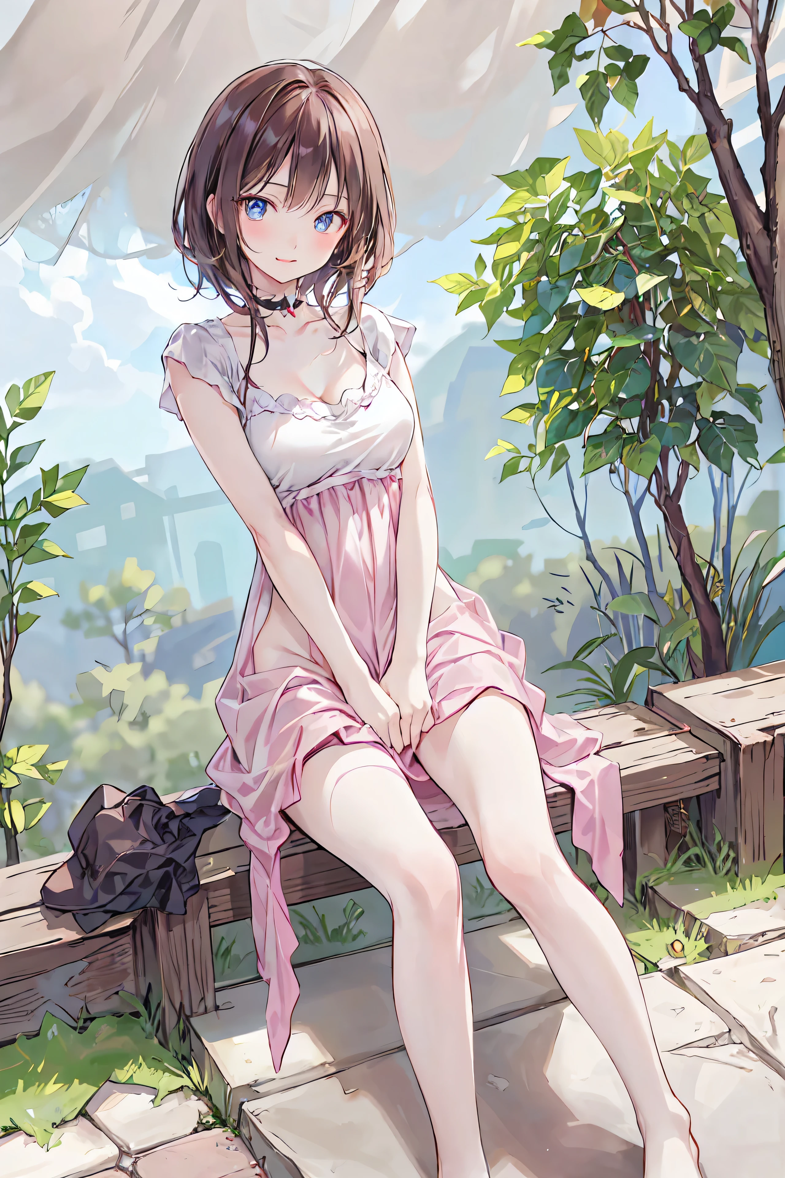 1lady,solo,blush, provoke,leg up,barefoot,foot focus,foot up, thighs,dress, go on the swing,in park
