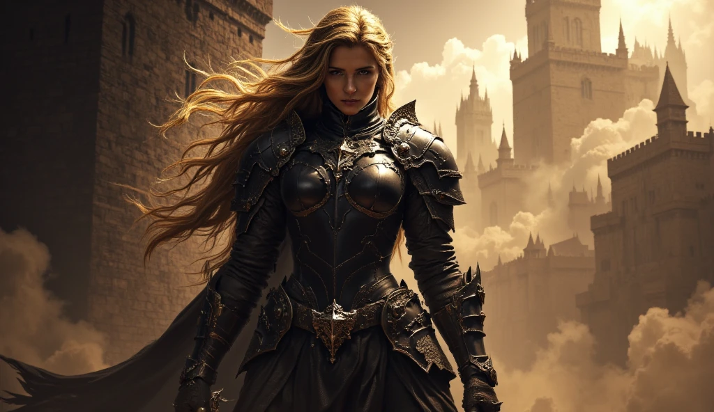Uma personagem feminina usando capa, cabelos dourados curtos, In the midst of the crowd,Eclipse,goth clothing, detalhadas, 8k, magnificent art, dramatic scene, Eclipse at the apex of the image, Gothic armor with golden details, Vampiro, fluttering cover.