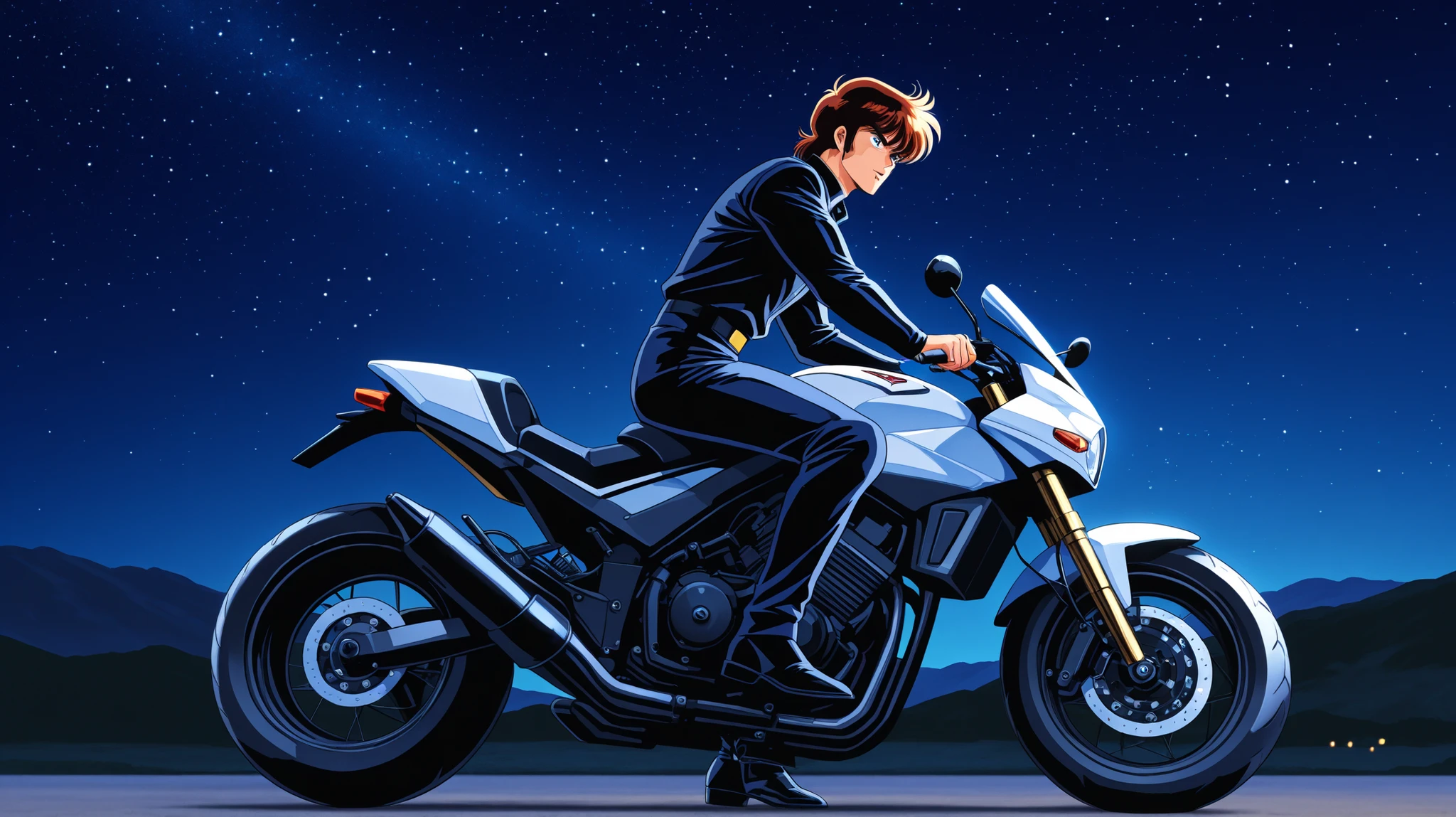 men and her motorcycle in the dark night starry sky retrowave 80s landscape