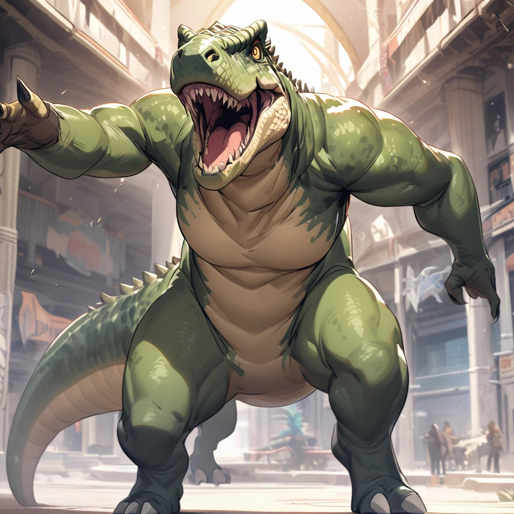 Libra, reptiles, Humanity, Crocodile, green body, scale, There is nothing there, Crocodilian, facial, Muscular, green scale, teeth、get annoyed、Fighting stance、Movement angle、Remains、(multiple、10)、From above