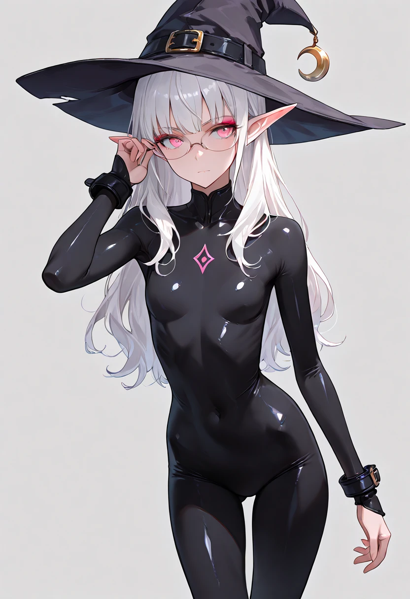 Dark Elf　Silver Hair　Purple eyes　Short Hair　Tight fitting black suit　blush　Obscene lines　Lori　Double Peace　solo　Small breasts　Bow-legged　Torn Suit　Big Clit