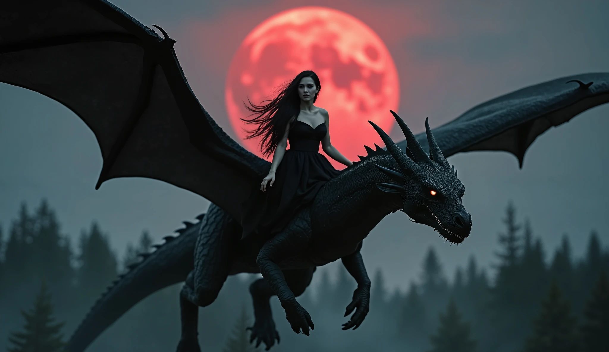 A gothic woman resembling Megan Fox, with long wavy black hair and pale porcelain skin, rides a gigantic black dragon, its head alone larger than her entire body. The dragon has glowing red eyes, enormous wings stretching across the sky, and razor-sharp scales. The woman wears a sheer black silk dress that clings to her hourglass figure, slightly billowing in the wind. The dragon soars high above a dark, misty ancient forest under a stormy twilight sky. Behind them looms a blood-red full moon, making their silhouettes dramatic and powerful. The woman appears tiny compared to the beast beneath her, emphasizing the dragon’s immense scale. — cinematic gothic fantasy, 16:9, highly detailed, dark atmosphere, soft lighting, epic fantasy composition.