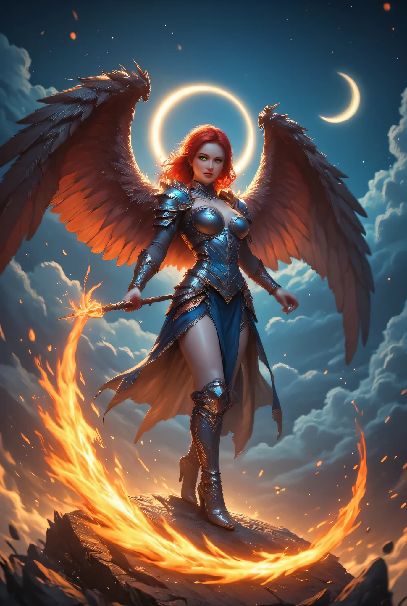 female, sorceress, casting flaming spell, full body, aasimar, female, large feathered wings, red hair, green eyes, determined face, divine light, intense eyes, ultra feminine, ultra detailed face, (Masterpieceת intense details:1.5), wearing azure armor, high heeled boots, armed with staff, moon, stars, clouds, fantasy magical heaven background, cinematic lighting, soft light, silhouette, photorealism, 16k, highres, best quality, 2.5D rendering,