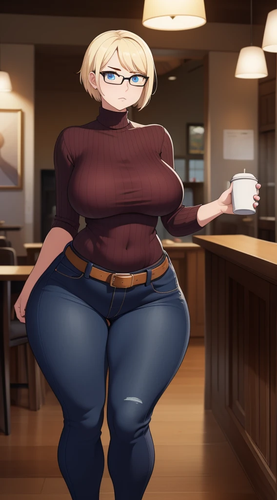 ((Masterpiece)), perfect anatomy, perfect shading, field of depth, (best quality), extremely delicate and beautiful, perfect lighting, detailed face, ultra cute face, cute, (cowboy shot 1.2), full body, (((1girl))), ((solo)), looking at viewer,
short hair, fluffy hair, blonde hair, blue eyes, Glasses, ((blush)), shy, nervous (black turtleneck sweater 1.5), (jeans 1.2), belt, extremely tight clothes, medium breasts, ((wide hips)), (((thick thighs))), ((curvy)),
cafe, intricate background, detailed background, hand on hip, holding coffee cup,