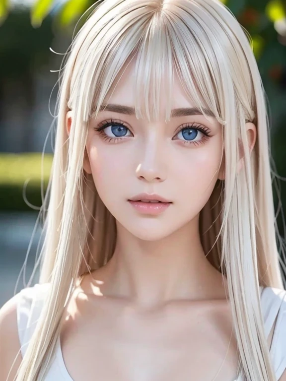 Transparent white glossy skin、Wind-blond hair falls in front of her pretty face、Ample Bust、Cute 15 year old blonde beauty、Beautiful Face、Beautiful super long straight hair that stands out、Big, bright, light blue eyes that shine beautifully、Silky bangs that cover large eyes, Sexy face hiding hair super long hair sexy、Cute young woman with long natural blonde shiny light hair、Round face