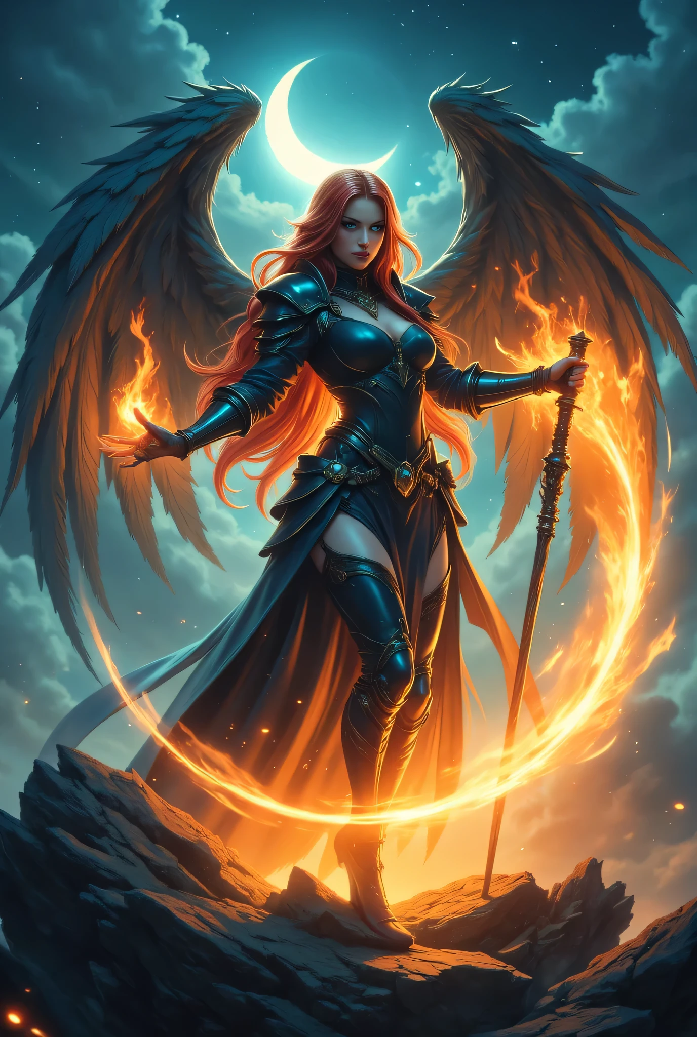 female, sorceress, casting flaming spell, full body, aasimar, female, large feathered wings, red hair, green eyes, determined face, divine light, intense eyes, ultra feminine, ultra detailed face, (Masterpieceת intense details:1.5), wearing azure armor, high heeled boots, armed with staff, moon, stars, clouds, fantasy magical heaven background, cinematic lighting, soft light, silhouette, photorealism, 16k, highres, best quality, 2.5D rendering,
