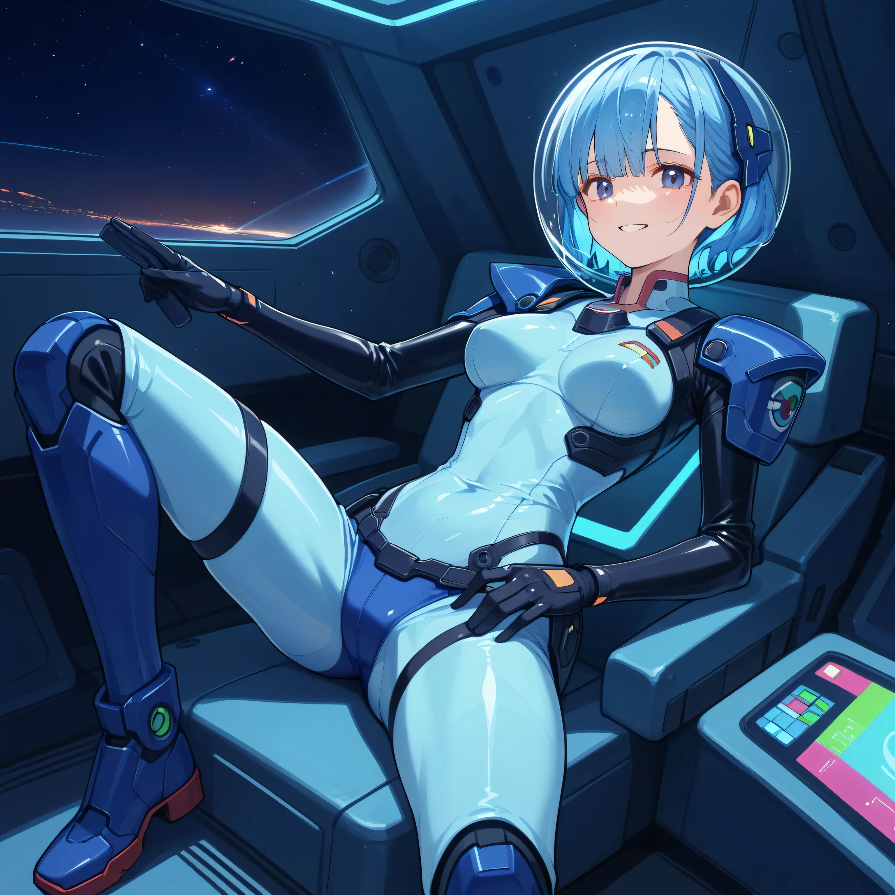 ((Holographic Glow Effect))、 Gundam wing cockpit,blue hair、masterpiece、top quality、1 person、medium bust、((album cover))、light on face、slender body、white and blue pilot suit with enamel finish、 elbow length gloves 、long hard boots 、exoskeleton、Metal Gear、cyberpunk style in itself、Gundam Pilot、attention arousal、 bubble helmet 、 space helmet, muvluv, space helm, eva helm,Transparent face guard,Complex and precise instruments,Smile