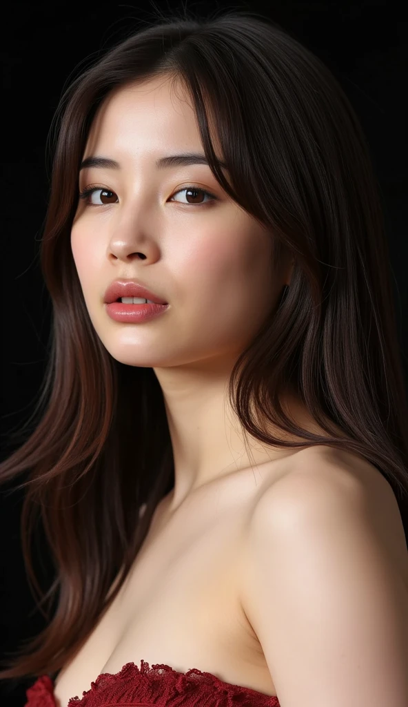DEN_nana_fukada,
((headshot:1.2) portrait on a (plain black background:1.2), (headshot:1.2), (face focus:1.1), (facing the camera:1.2), Head in the centre, (eye contact:1.3), (intense stare:1.1), mouth open, (facing straightforward:1.2), (forward facing:1.1), Head, face, Head focus, Head tilted down, looking slightly up at the camera:1.2),
bokeh, f1.4, 40mm, photorealistic, raw, 8k, textured skin, skin pores, intricate details <lora:epi_noiseoffset2:1>, epiCRealism