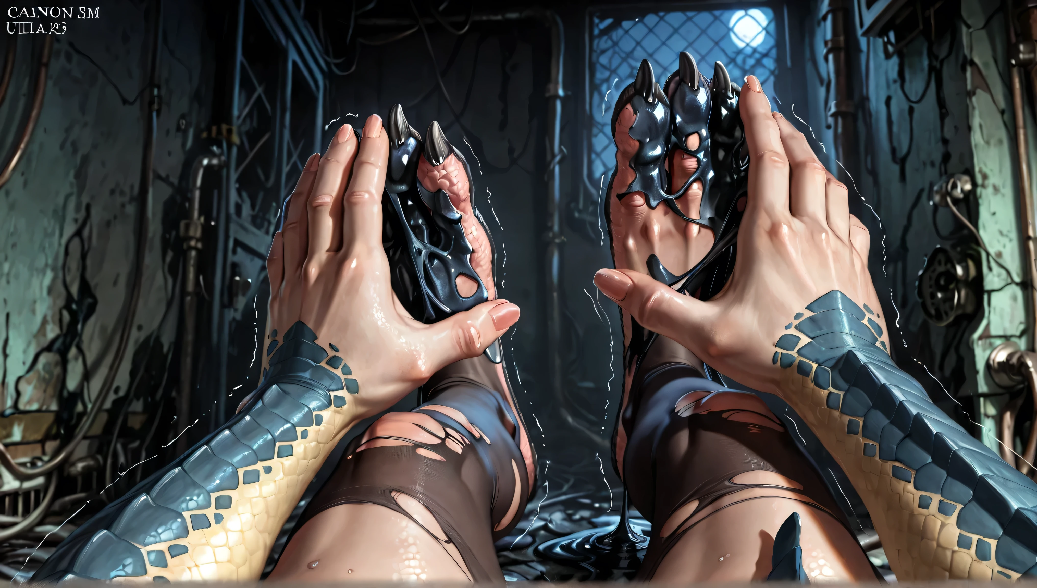 Pov, Own hands:1.3, own feet, paw:1.3, point of view, view at oneself, looking at own hands, fingers, dragon transformation, morfing, goo, sticky, dripping, animal toes, thick fingers, claws, ((scales)), shaking:1.1, sweating, thick fingers, torn clothes, torn socks, deep night, ((darkness, dramatic, night)), abandoned room, ((Ultra-detailed, Realistic, realistic:1.37), 4k, 8k, RAW, HDR, UHD, Canon EOS P3, Canon EOS R3, 85mm f/1.4, 15mm, 35mm, 80mm, f2.8, high resolution, hd, full colour, 4k, high definition, sharp focus, smooth, Professional, cinematic, extreme detail, (high detail:1.4) description, masterpiece, deep shades, best quality,))
