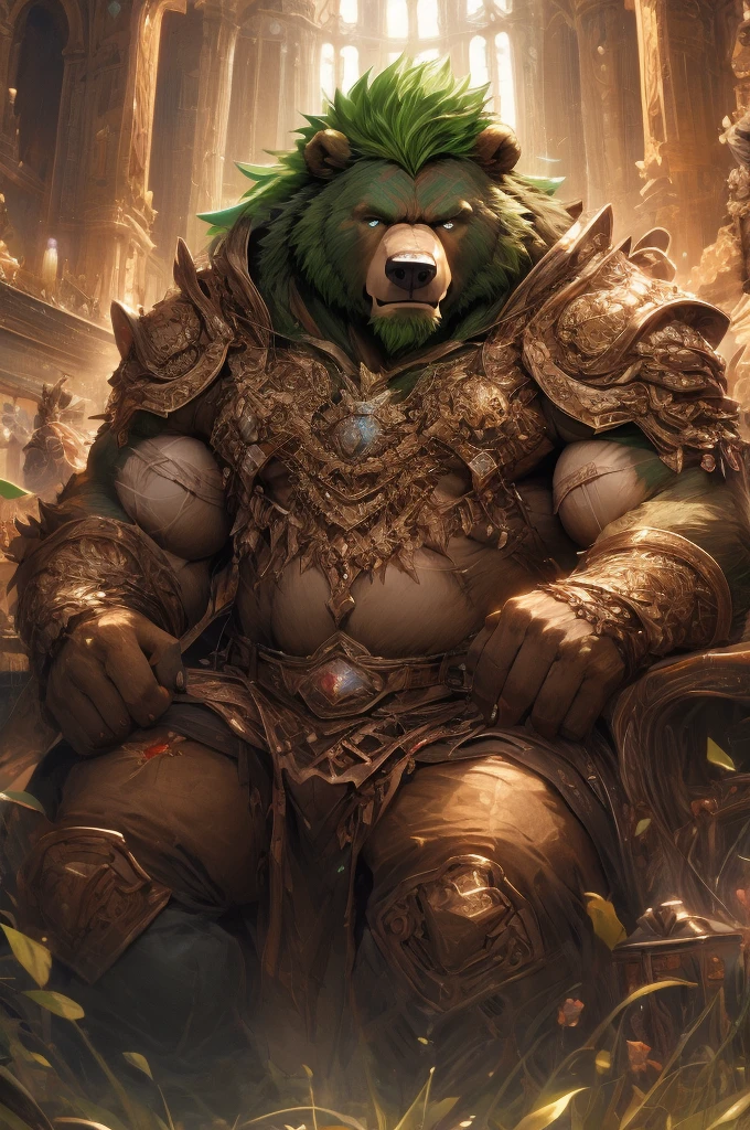 uploaded to e621.net, masterpiece, 8k, hyena, male, gray hair, king, soft figure, heavy, chubby, muscular, barbarian outfit, brown leather outfit, beige fur, spots, bare paws, wooden throne, seated, huge bulge, primitive keep, stone room, treasures, (crowded:1.3), (figures in background:1.5), (muscular guards:1.2), longhouse, by darkgem, by meesh, by bng, by duase,